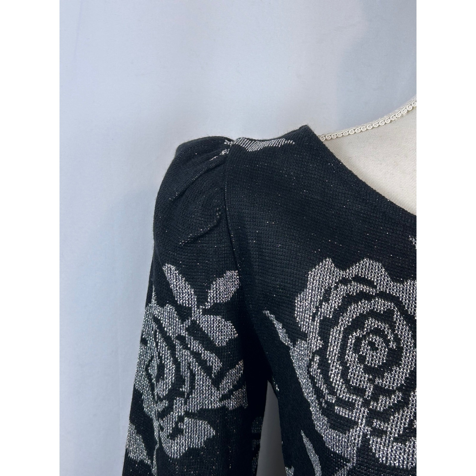 Vintage Hot Line Arlene Murry Black Silver Metallic Rose Knit Midi Dress 9/10