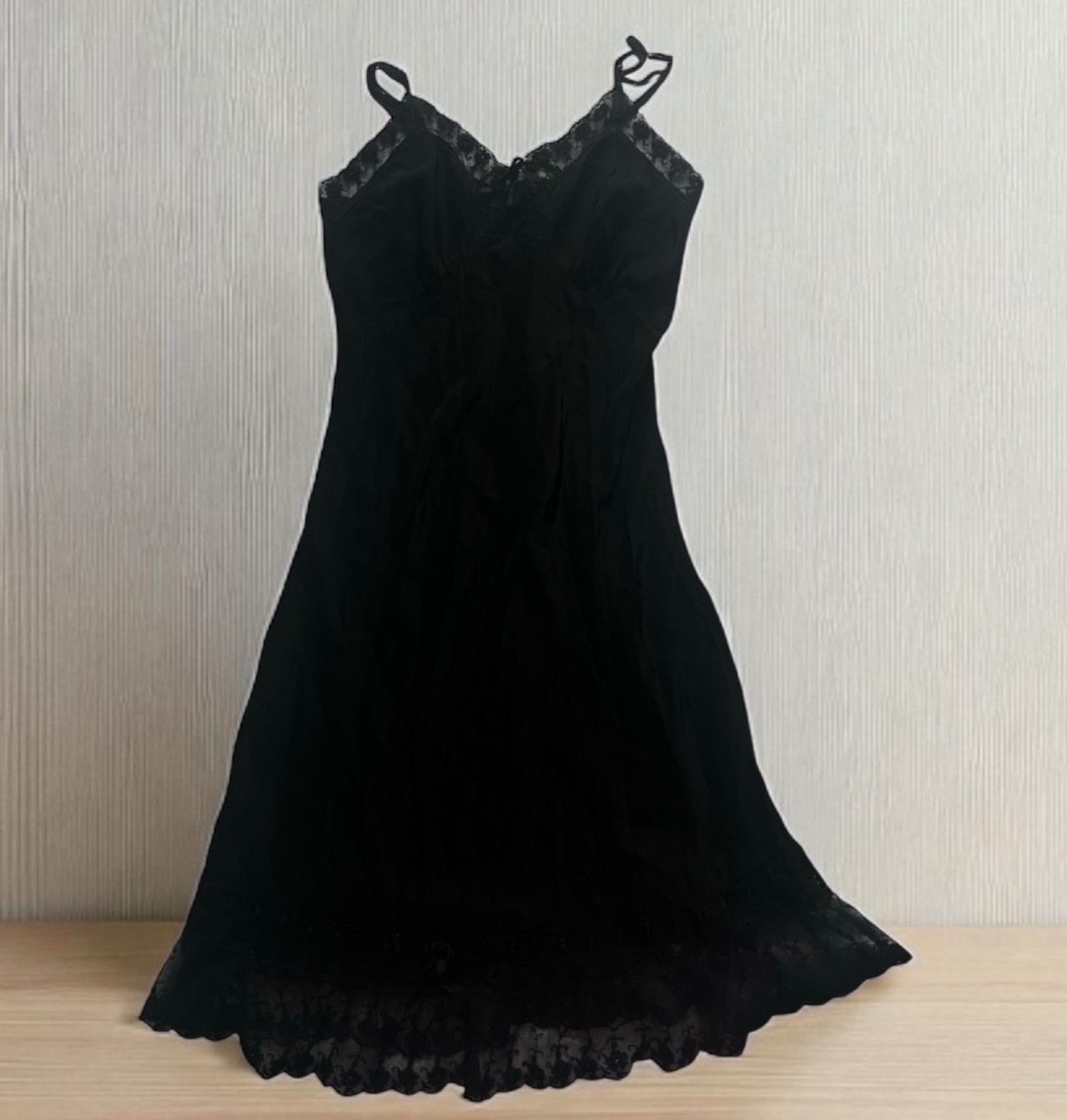 VTG 1960 Black Slip Dress Lace Ribbon Trim Spaghetti Adj Straps Keyhole Front XS