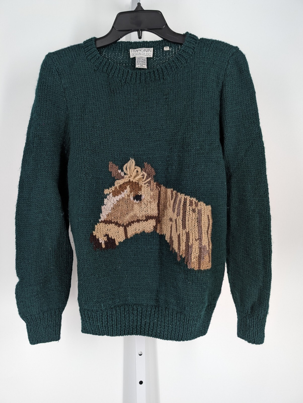 I Magnin San Francisco Vtg 70s Intarsia Knit Chunky Sweater Art Craft Horse M