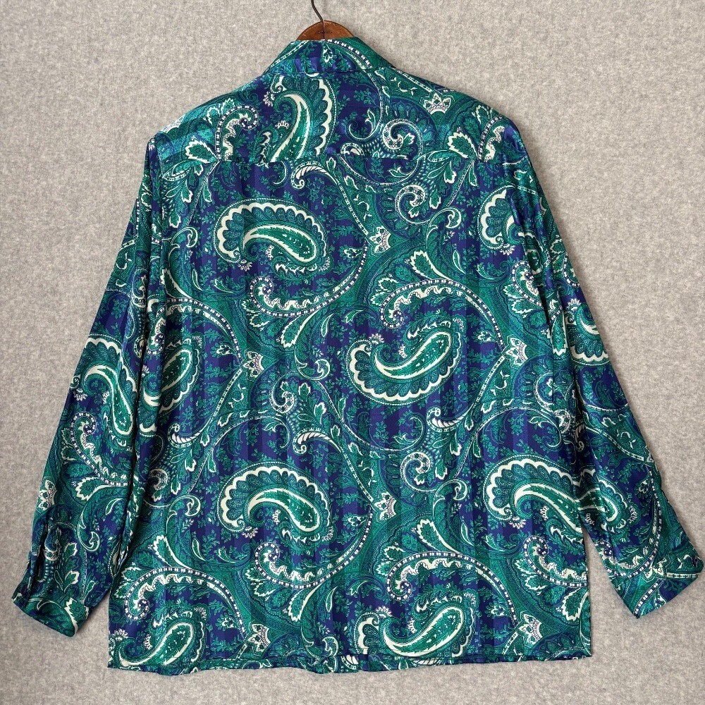 Vintage 80s Da-Rue Blue Teal Paisley Striped Women’s Button Down Blouse Sz 18 XL