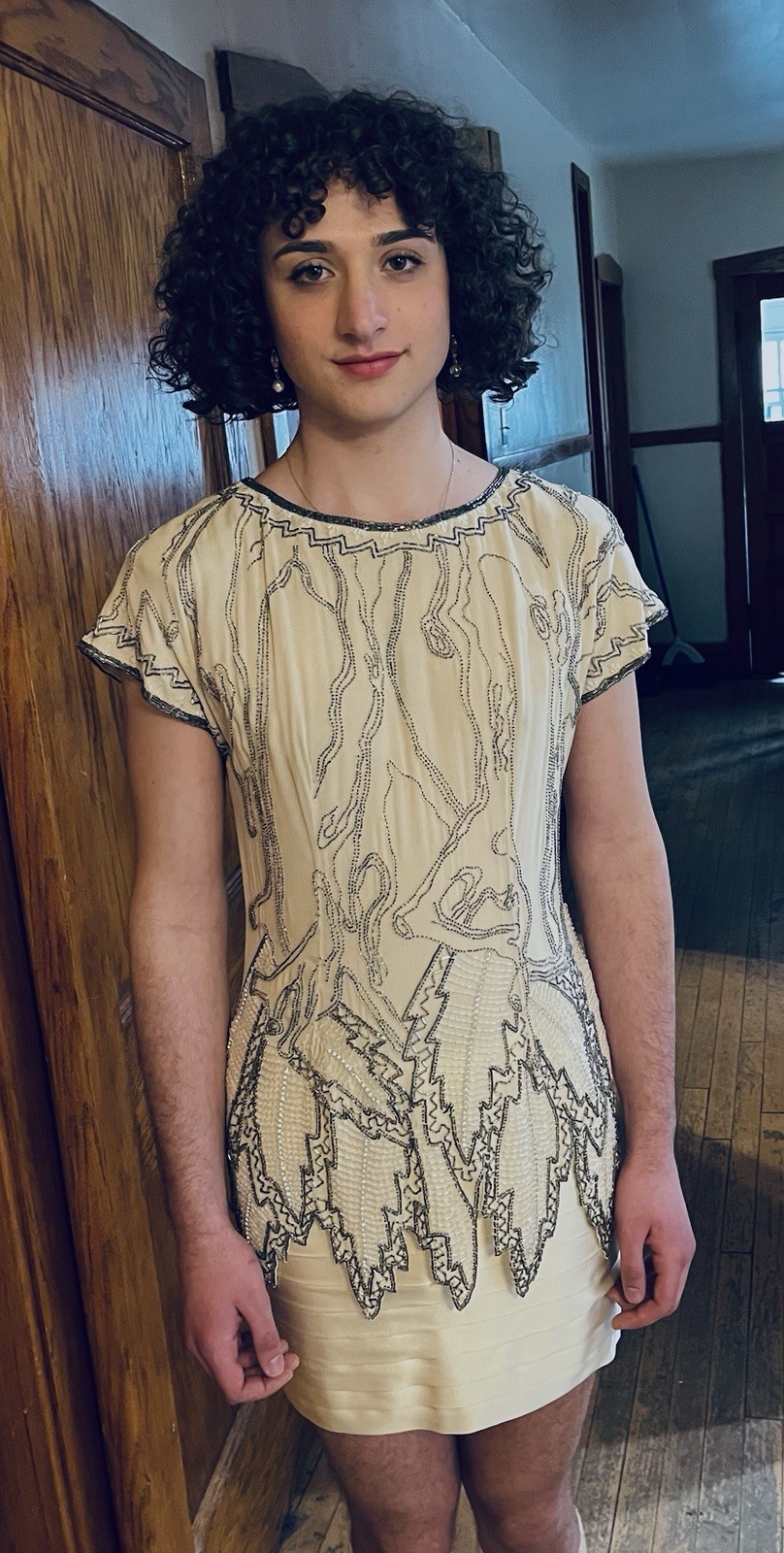 Vintage Fabrice Simon 1980s Beaded Handmade Silk Dress w/ Leaf Motif Over Skirt