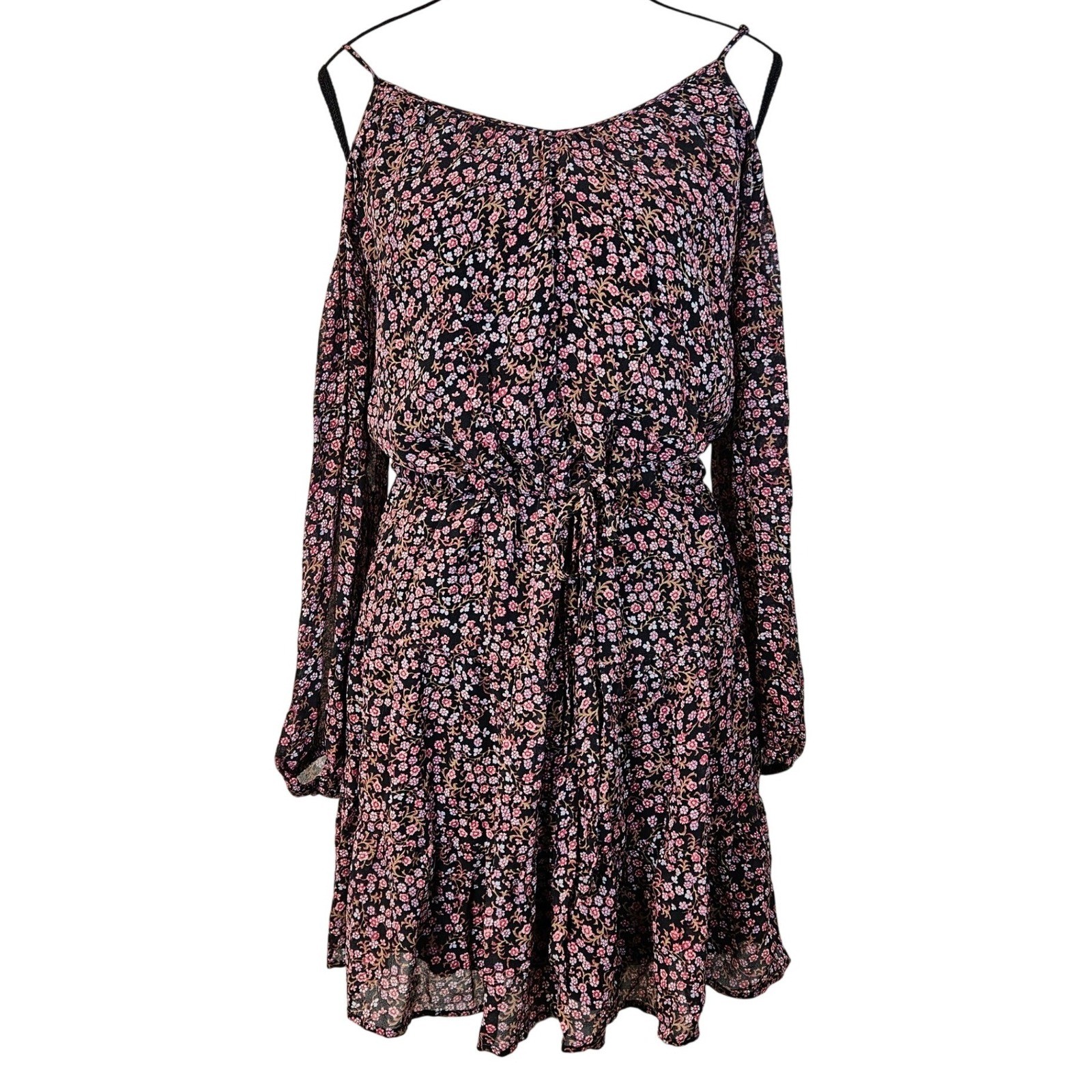 PAIGE 100% Silk Woodstock Floral Cold Shoulder Dress S Ruffle Whimsigoth Boho