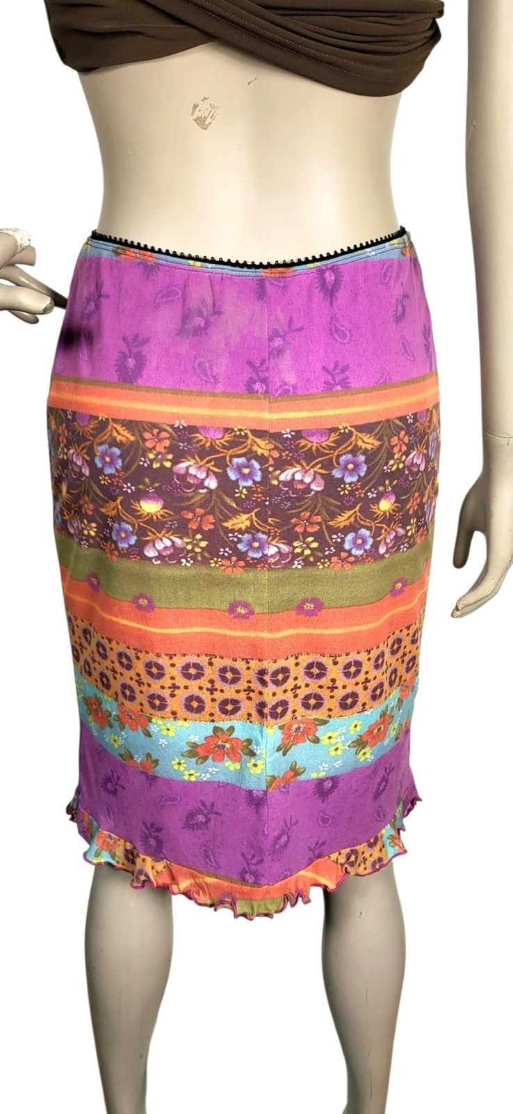 Vintage 90s Y2K Maria Bonita Mixed Media Colorful Ruffle Hem Pencil Skirt S/M