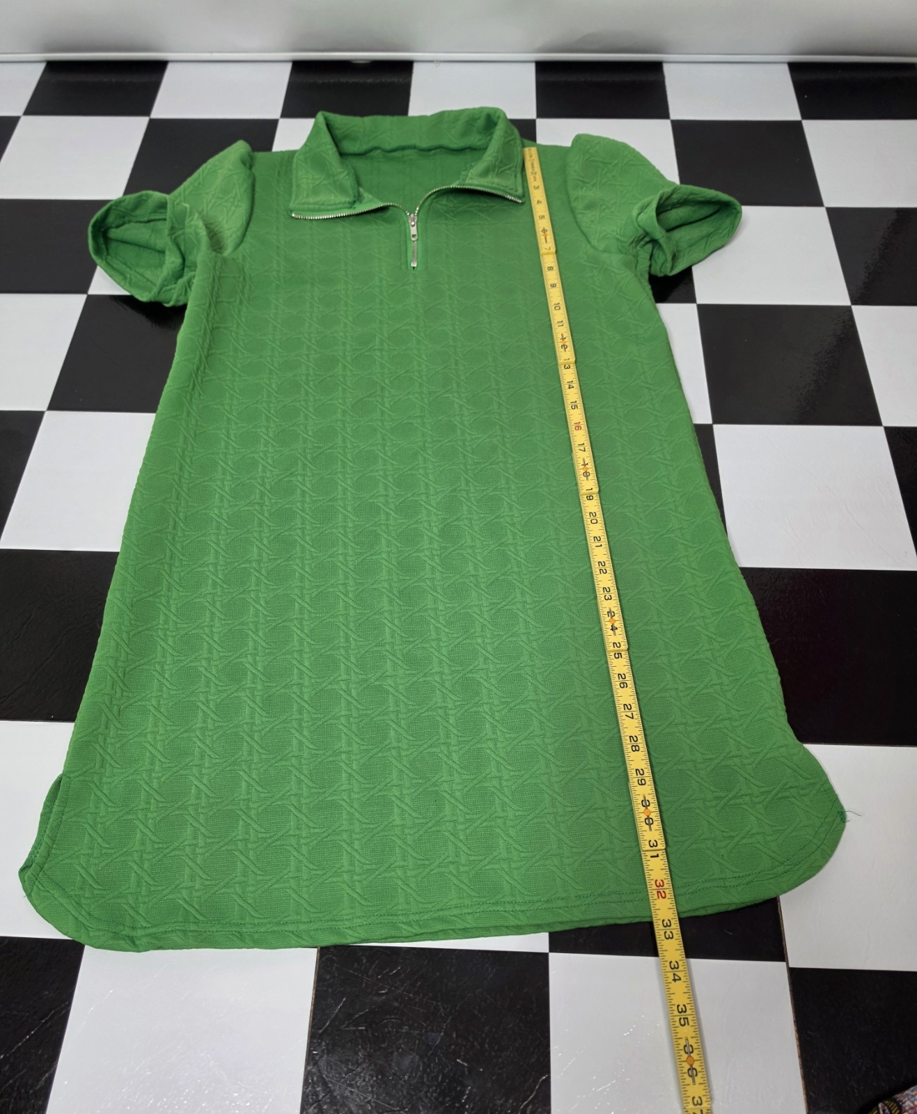 Vintage Handmade Green Textured Mod GoGo Mini Dress Short Sleeve Zip Neck L