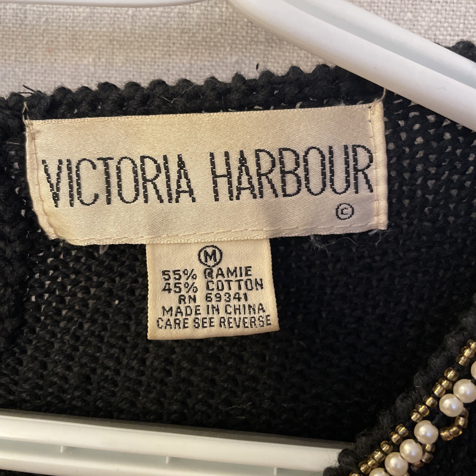 VTG Victoria Harbour 80s Beaded Sweater Tunic Medium Black Pearls Elegant Party