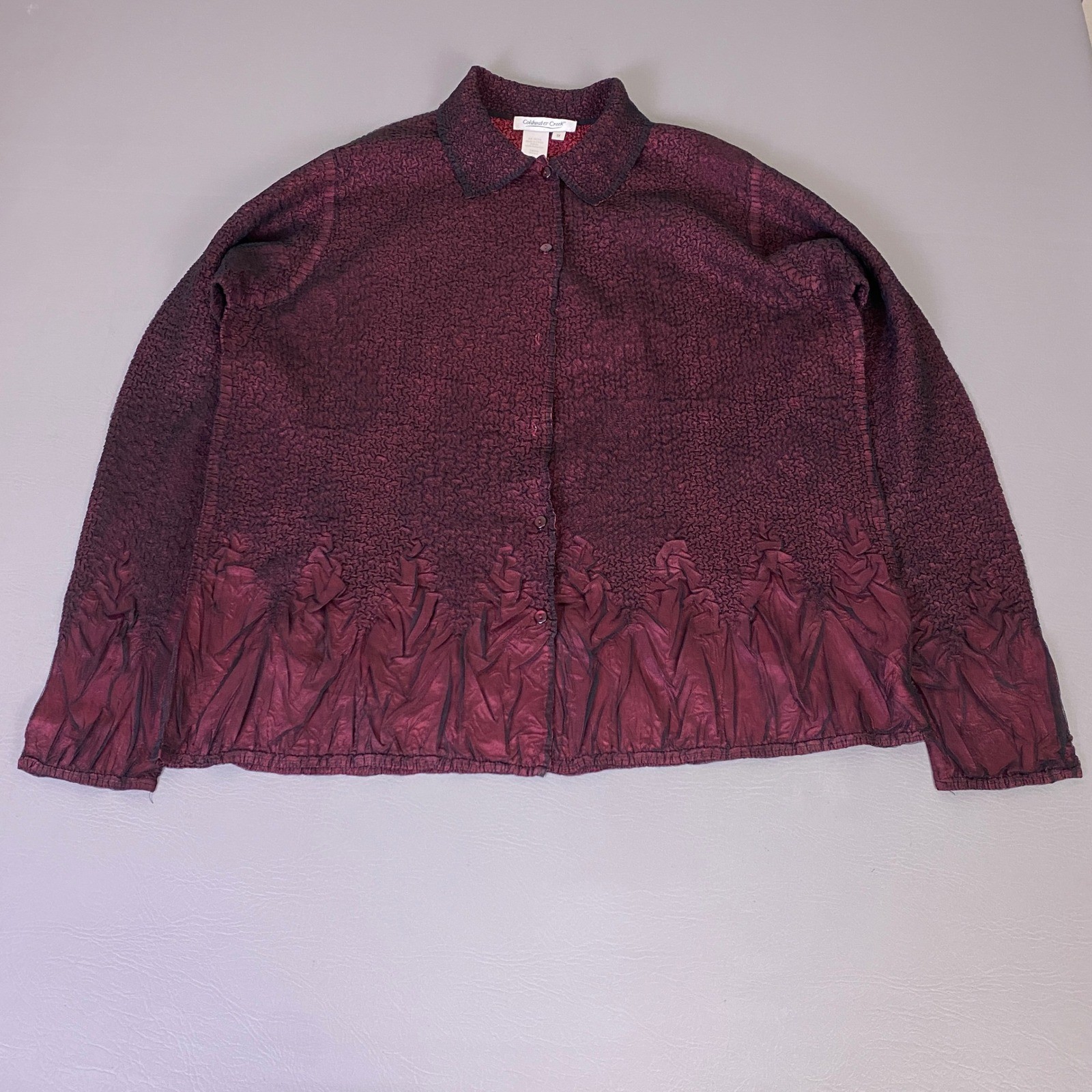 Vintage Coldwater Creek Blouse Women’s 1X Crinkle Popcorn Texture Burgundy *Flaw
