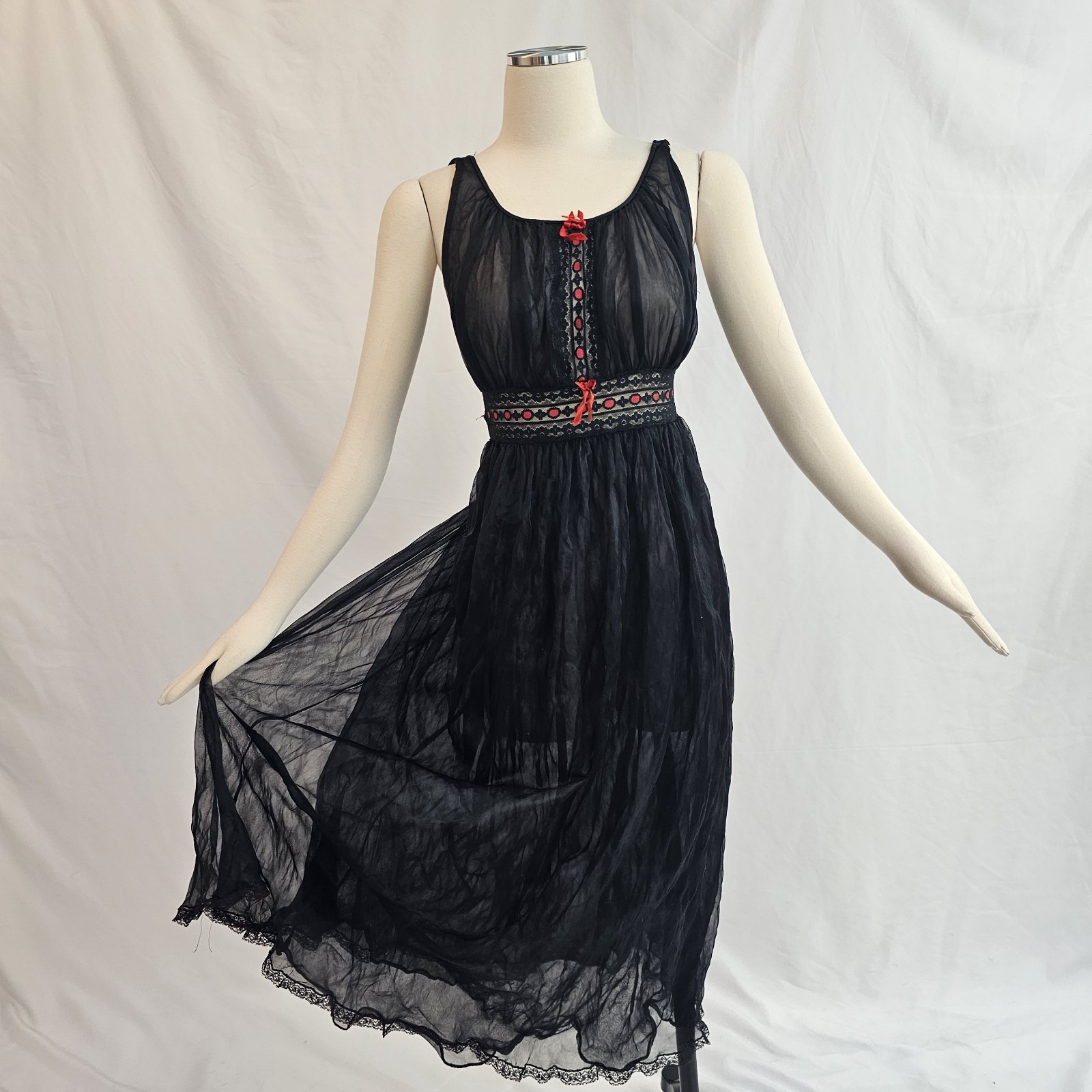 Vintage 1960s Black Lingerie Nightgown Slip Dress Red Lace Chiffon 60s Avian