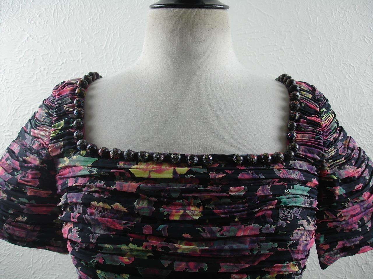 Women’s XS S sz 42 Vtg 1980’s Krizia Italy Mini Dress 100% Silk Ruched Pleated