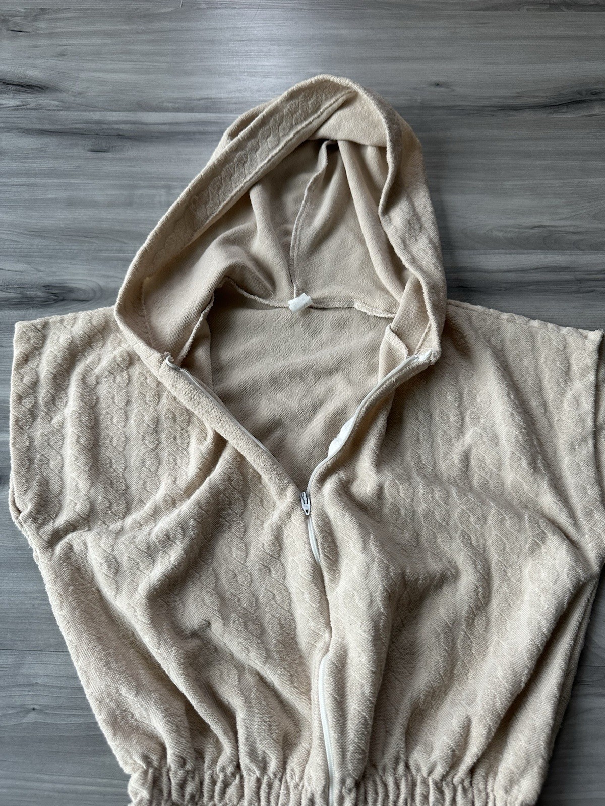 Vintage Hooded Swimsuit Cover Front Zip Beige Women’s Size M Cable Twist Pattern