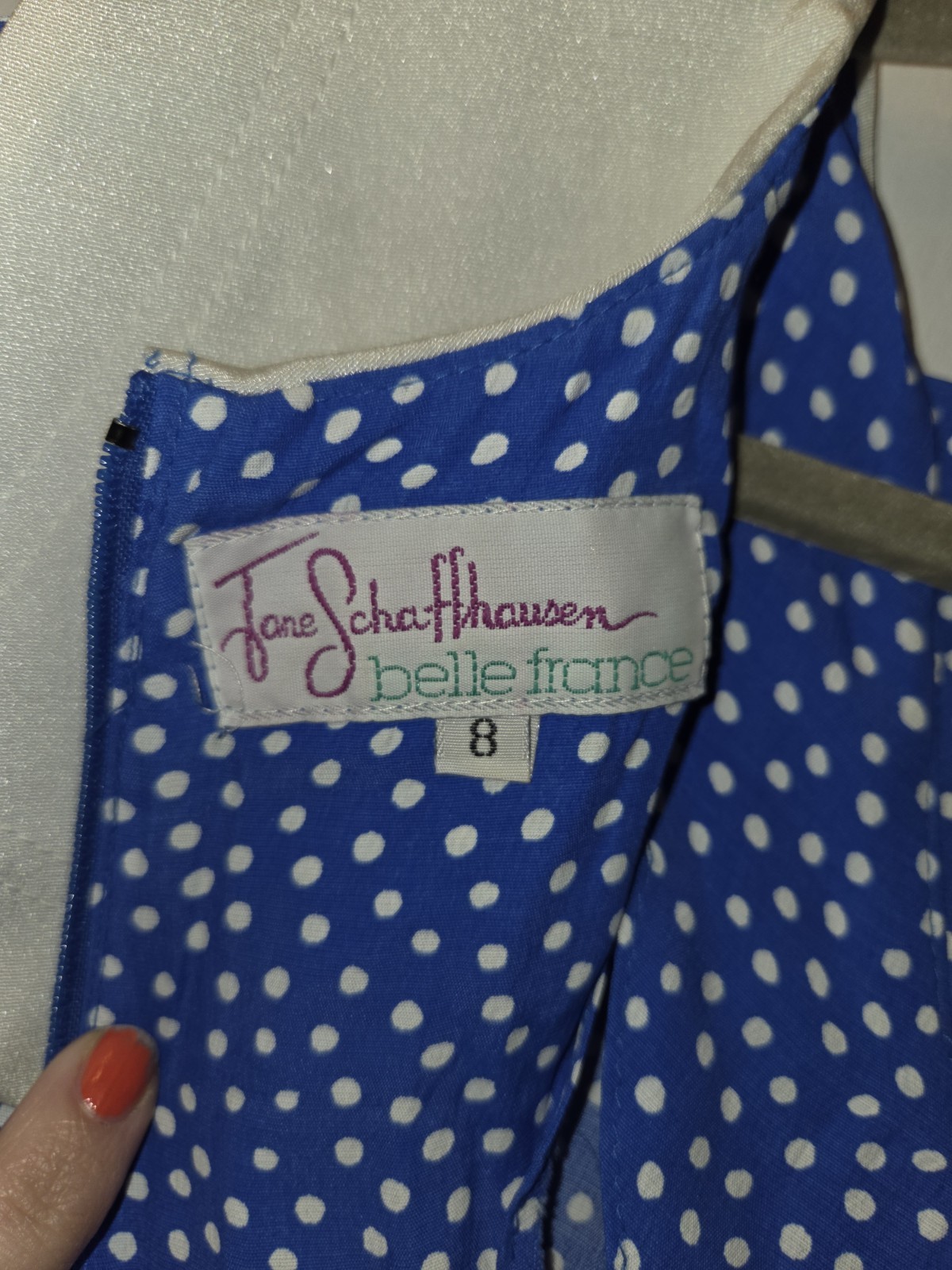 Vintage 80’s Jane Schaffhausen Belle France Blue And White Polka Dot Dress. 8