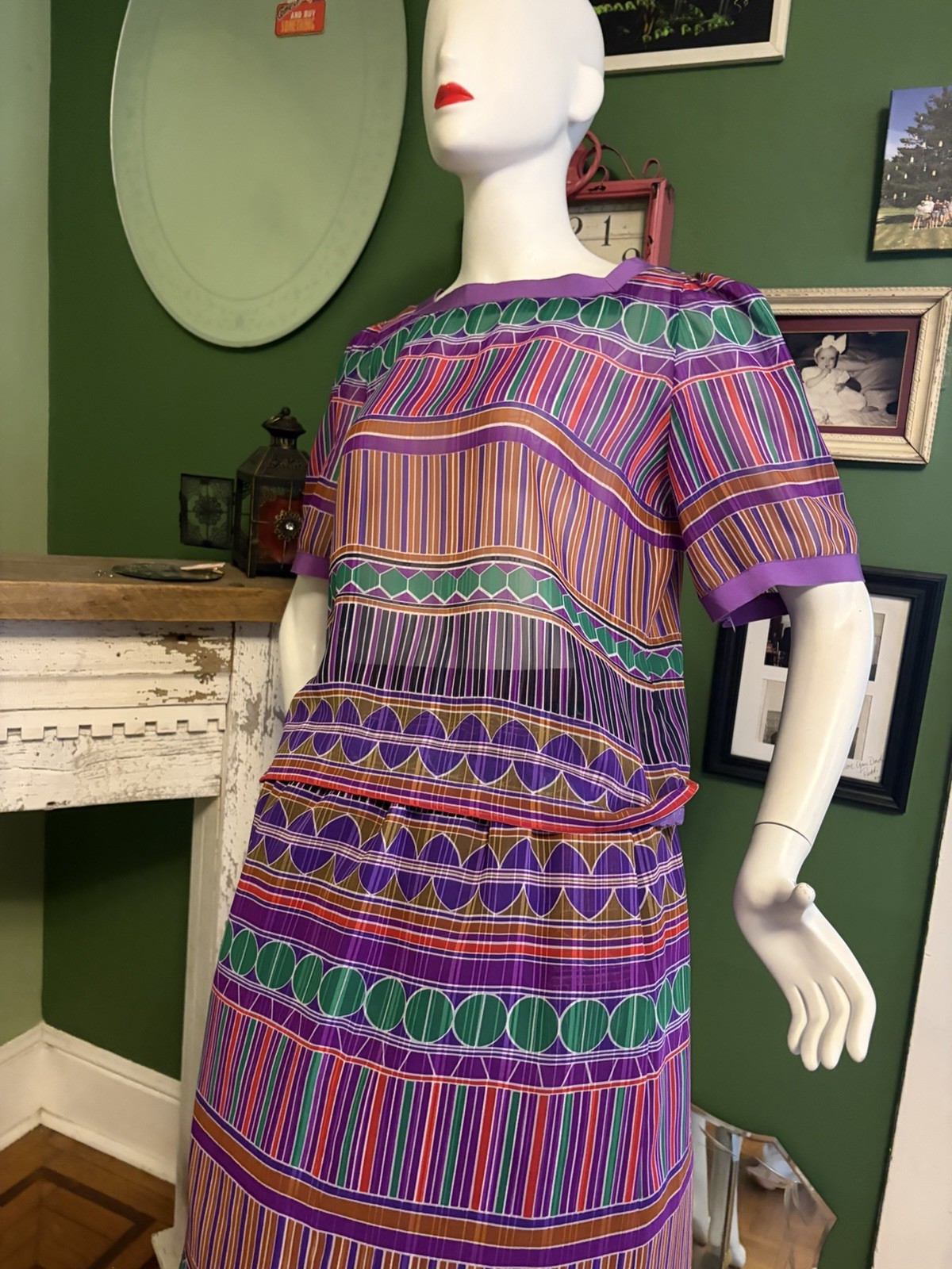 Vtg Willroy Traveler Graphic Print Bold Colors Sheer Set Dress Skirt & Top 36/30