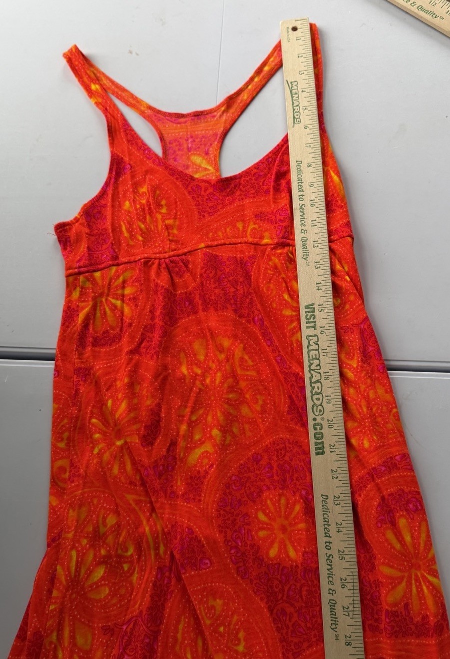 Vtg 70s Tropical Psychedelic Print Maxi Dress Xs/S Orange Sleeveless Stretch