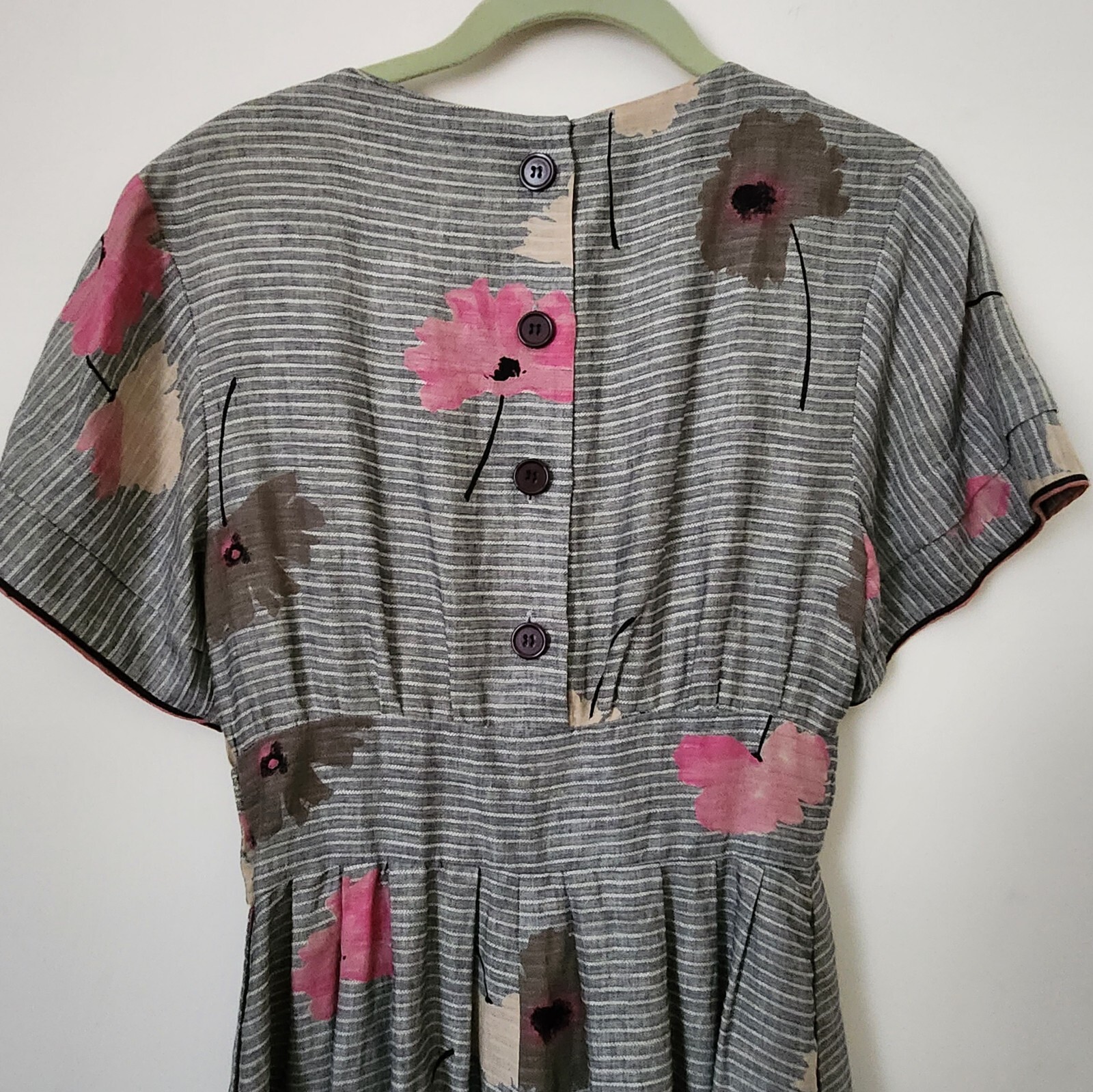 Vintage Albert Nipon Linen Cotton Gray Striped Floral Prints Dress 4 Pockets