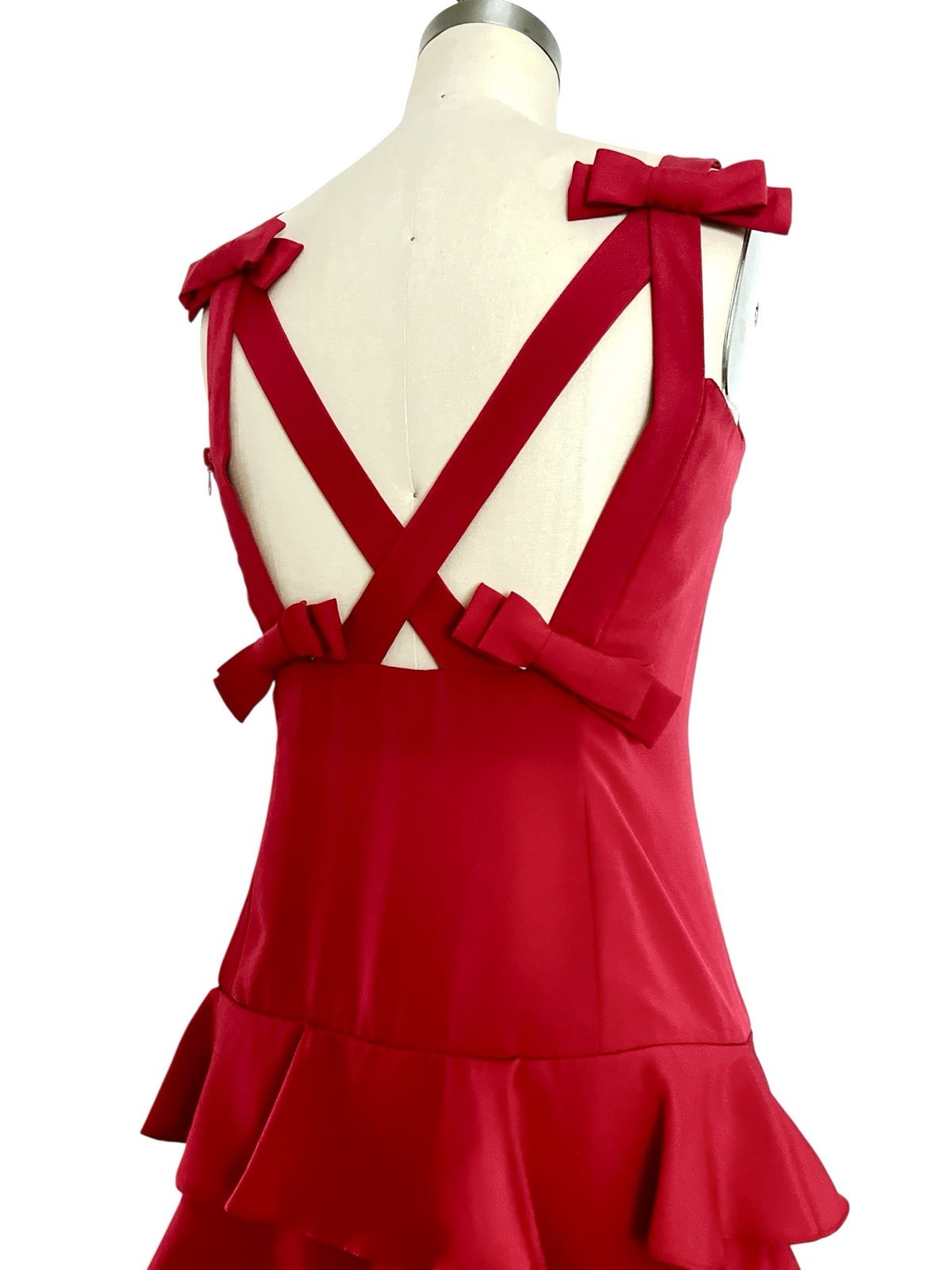 VTG Martin Ross 80s/90s Sz 4 XS/S Red Coquette Shift Dress Ruffle Bows Open Back