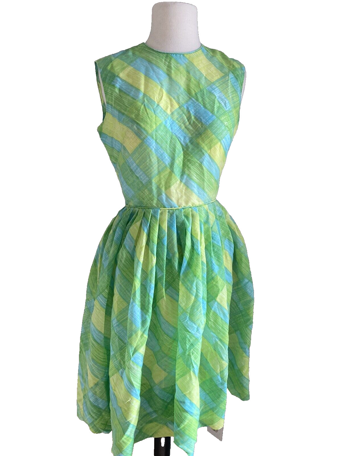 Vintage 1950s 60s Gay Gibson fit & flare Sheer lemon lime plaid Dress xs-s