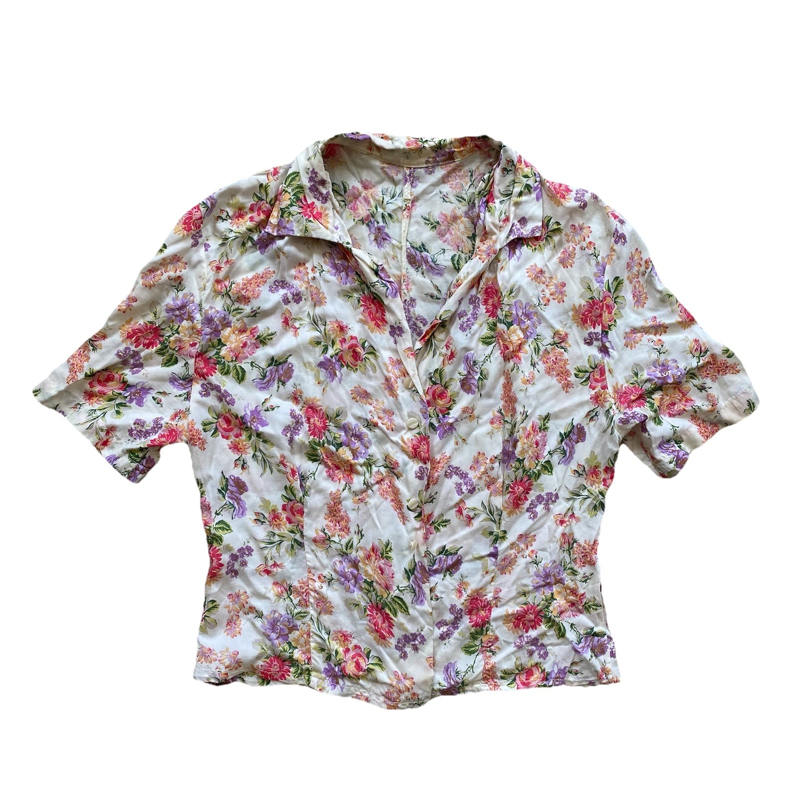 Vintage 60s Floral Rayon Blouse Medium Short Sleeve
