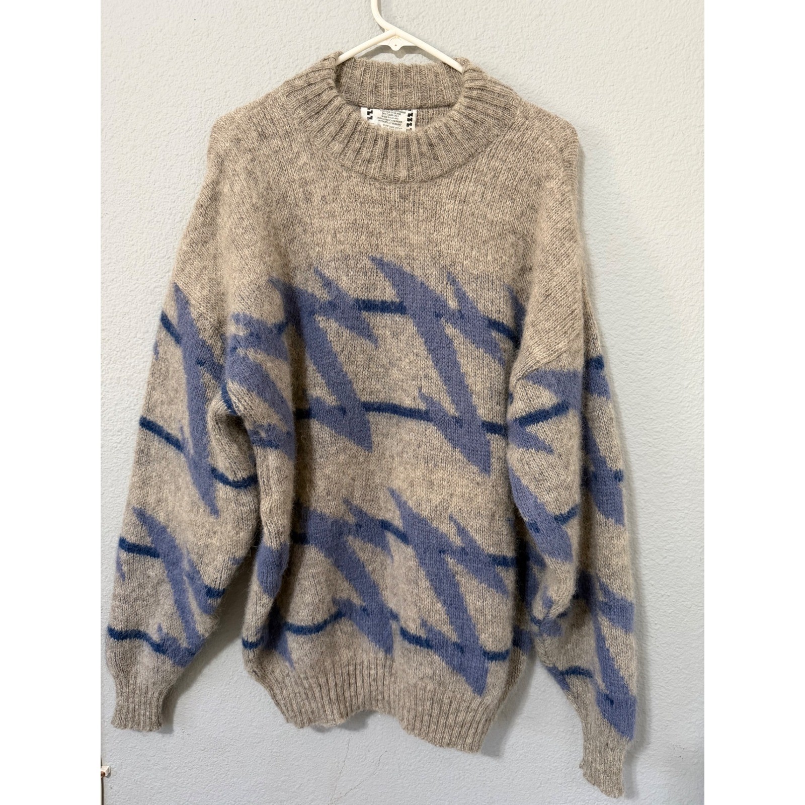 Les-Knit Ltd Vintage 80s 100% Pure Wool Sweater L Blue Oatmeal Icelandic Nordic