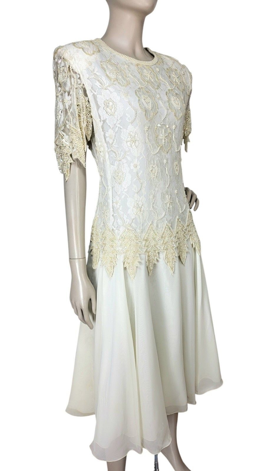 Vintage Laurance Kazar Creme Pearl Beaded Sequined Tiered Chiffon Formal Dress