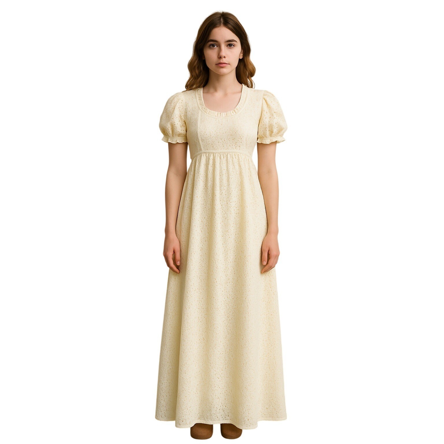 VINTAGE 70’s union made butter yellow white eyelet floral maxi dress size 5