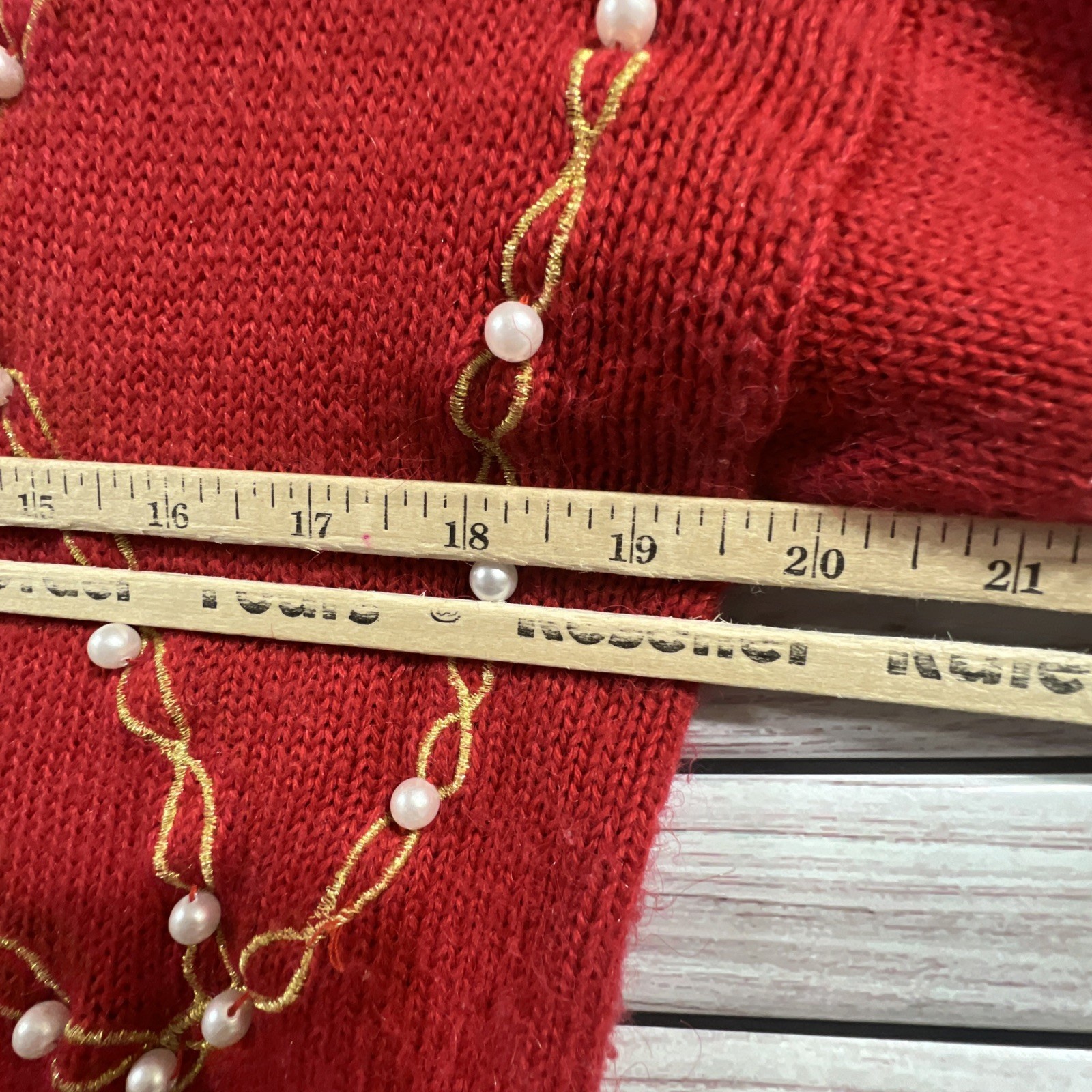 VTG Western Connection womens S tunic Sweater Red pearls beaded v neck 80s Retro