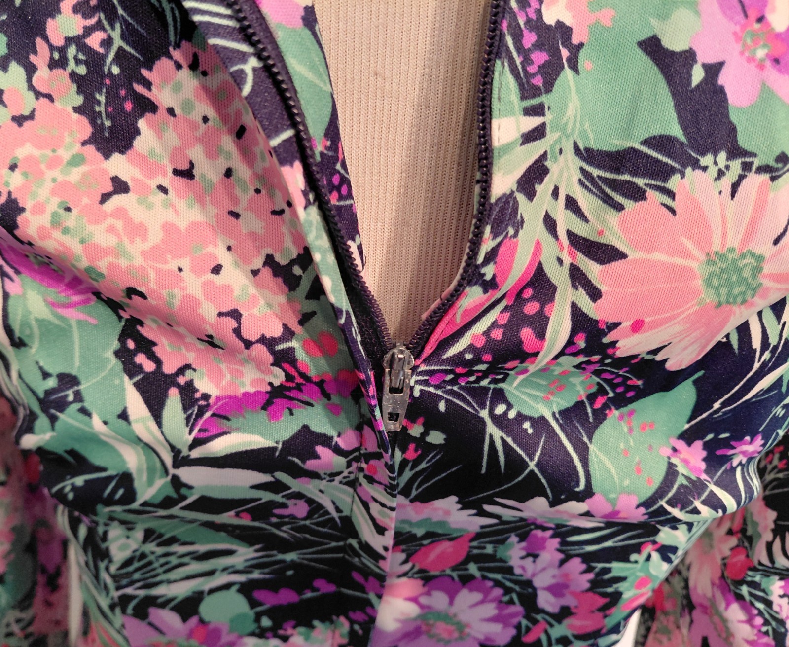 Vintage 70s Long Floral Polyester Dress Pink Purple Green Talbots B34
