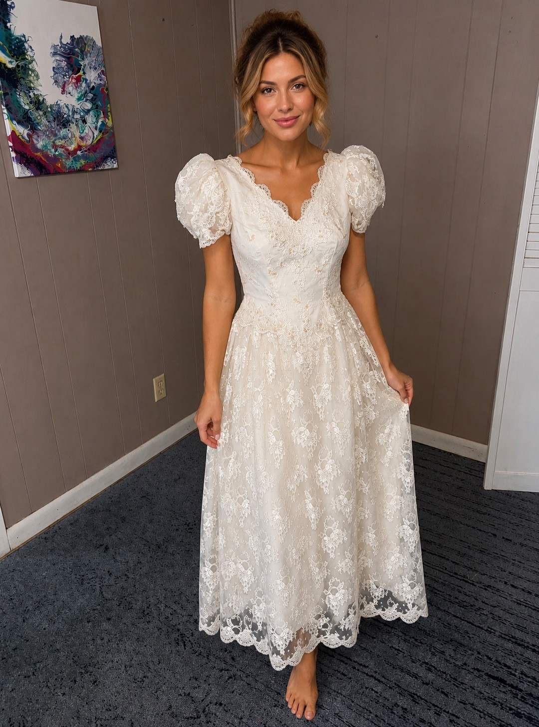 1990’s Puff Sleeve Lace Midi Wedding Dress Cottage Core Sz 12