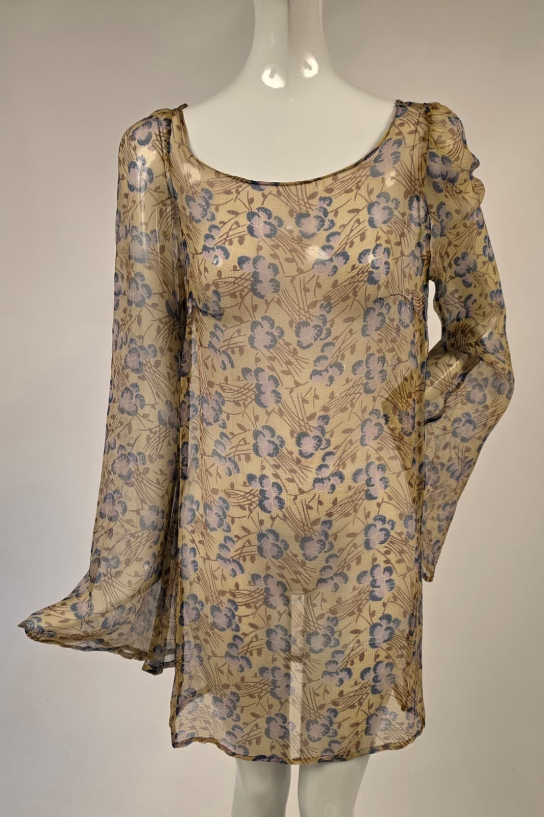 1920’S FLORAL PRINT SHEER SILK CHIFFON BLOUSE W LONG BELL SLEEVES 