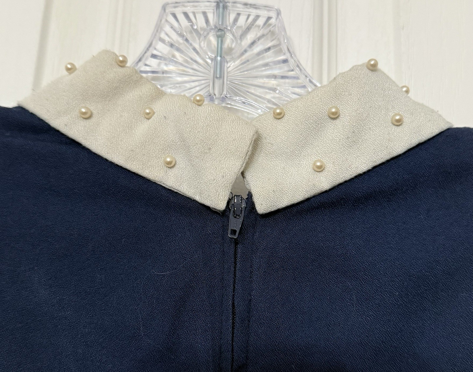 VTG Misty Lane Retro Collar Dress Sz 11/12 Beaded Faux Pearls 80s Blue & White