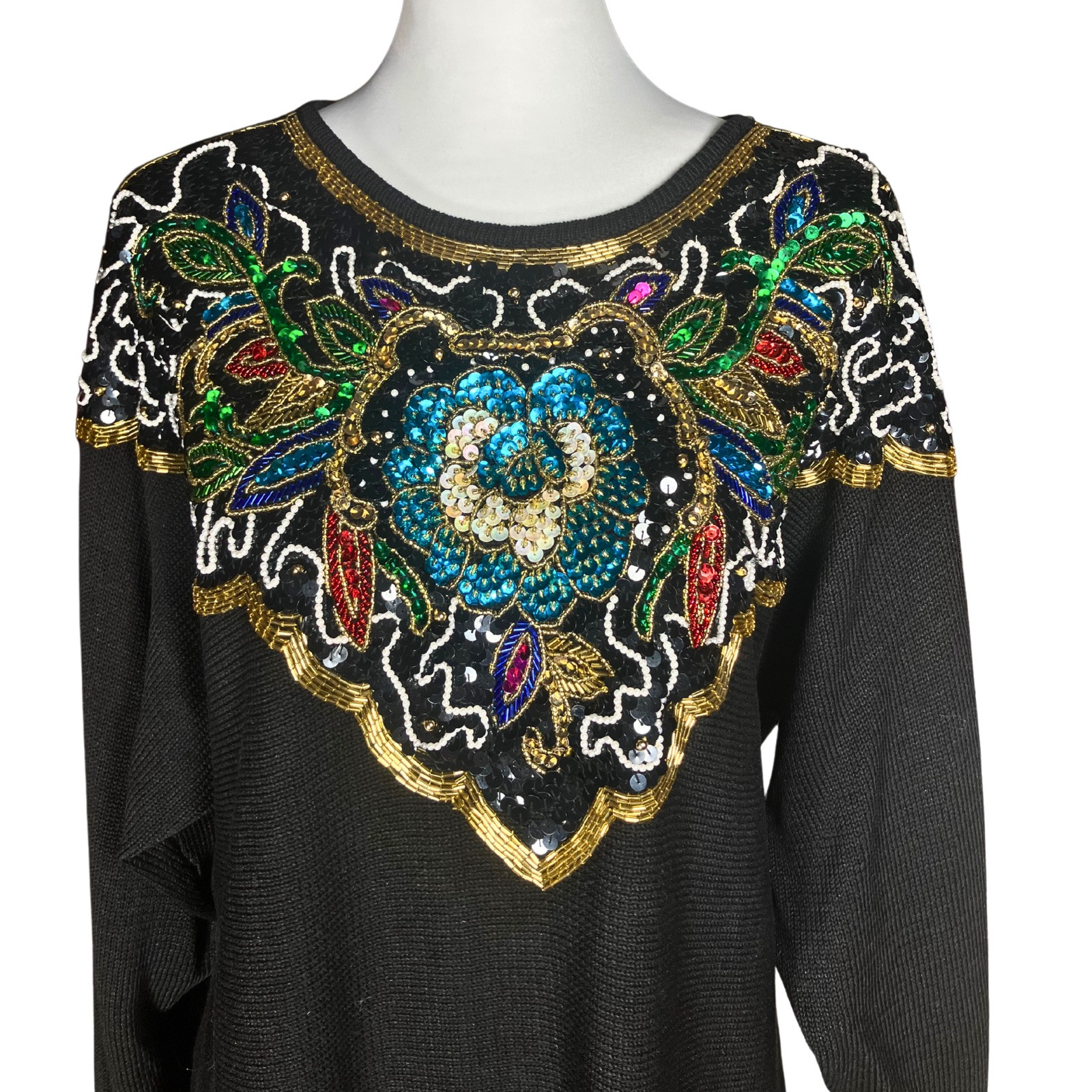 Vintage 80s Heavily Beaded Sequin Sweater. M/L. Black, Colorful, Gold Maximalism