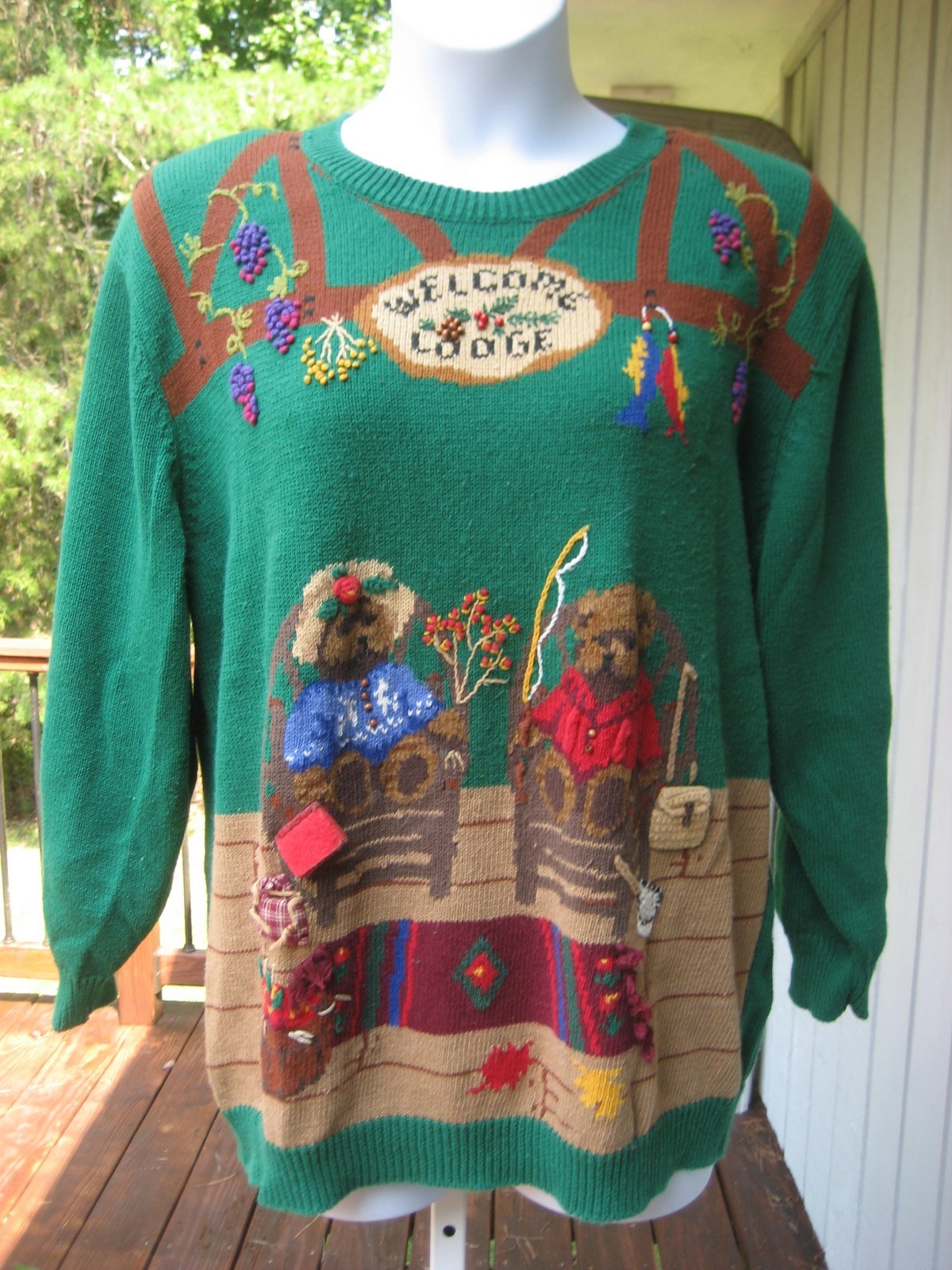 Vintage 1995 Susan Bristol Sweater Embroidered „Welcome Lodge-Gone Fishin” Green