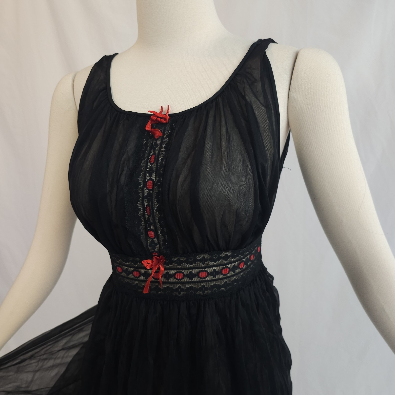 Vintage 1960s Black Lingerie Nightgown Slip Dress Red Lace Chiffon 60s Avian