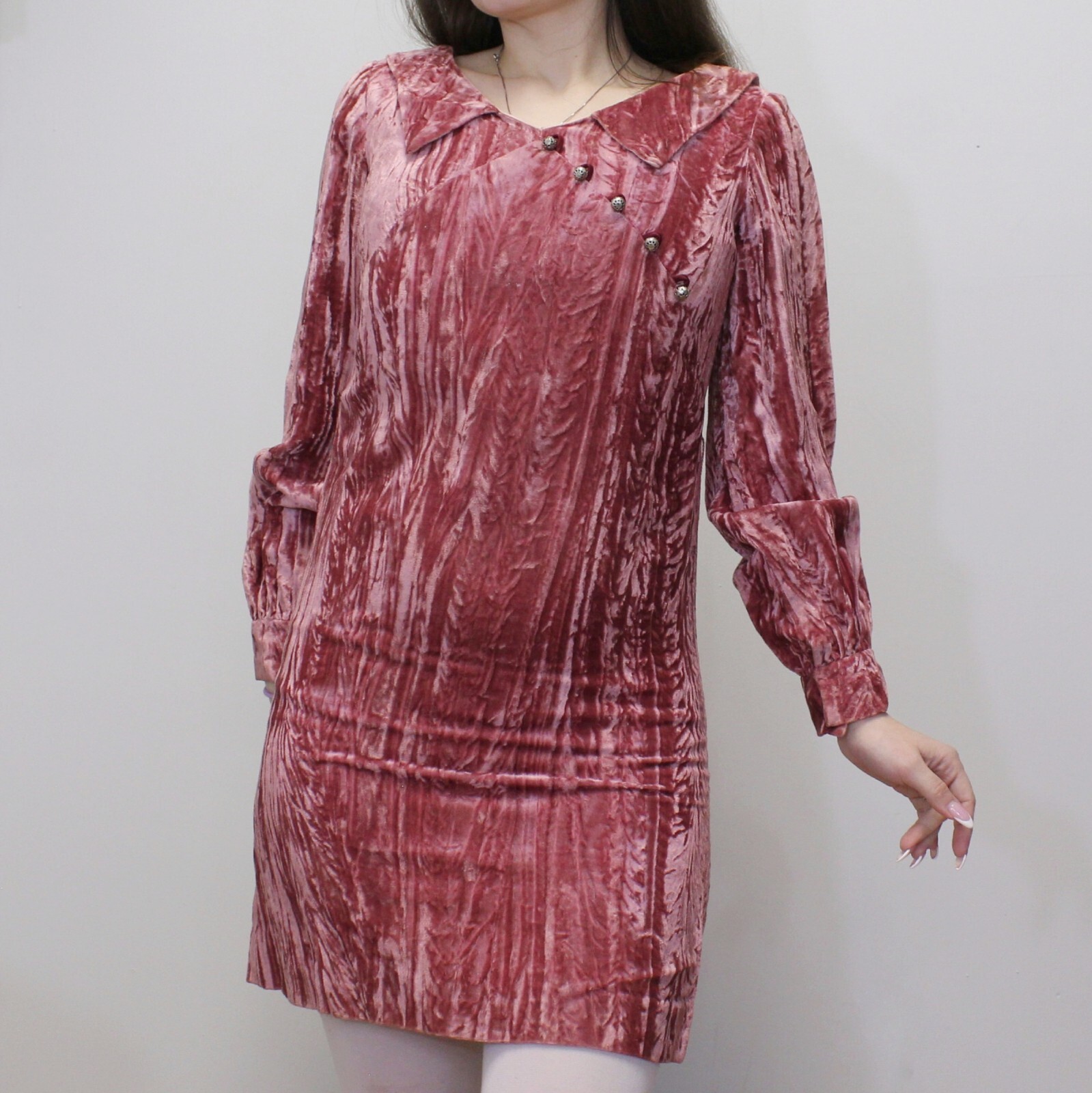 Vintage 60s Pink Crushed Velvet Mod Babydoll Mini Dress from Petites by Suzy