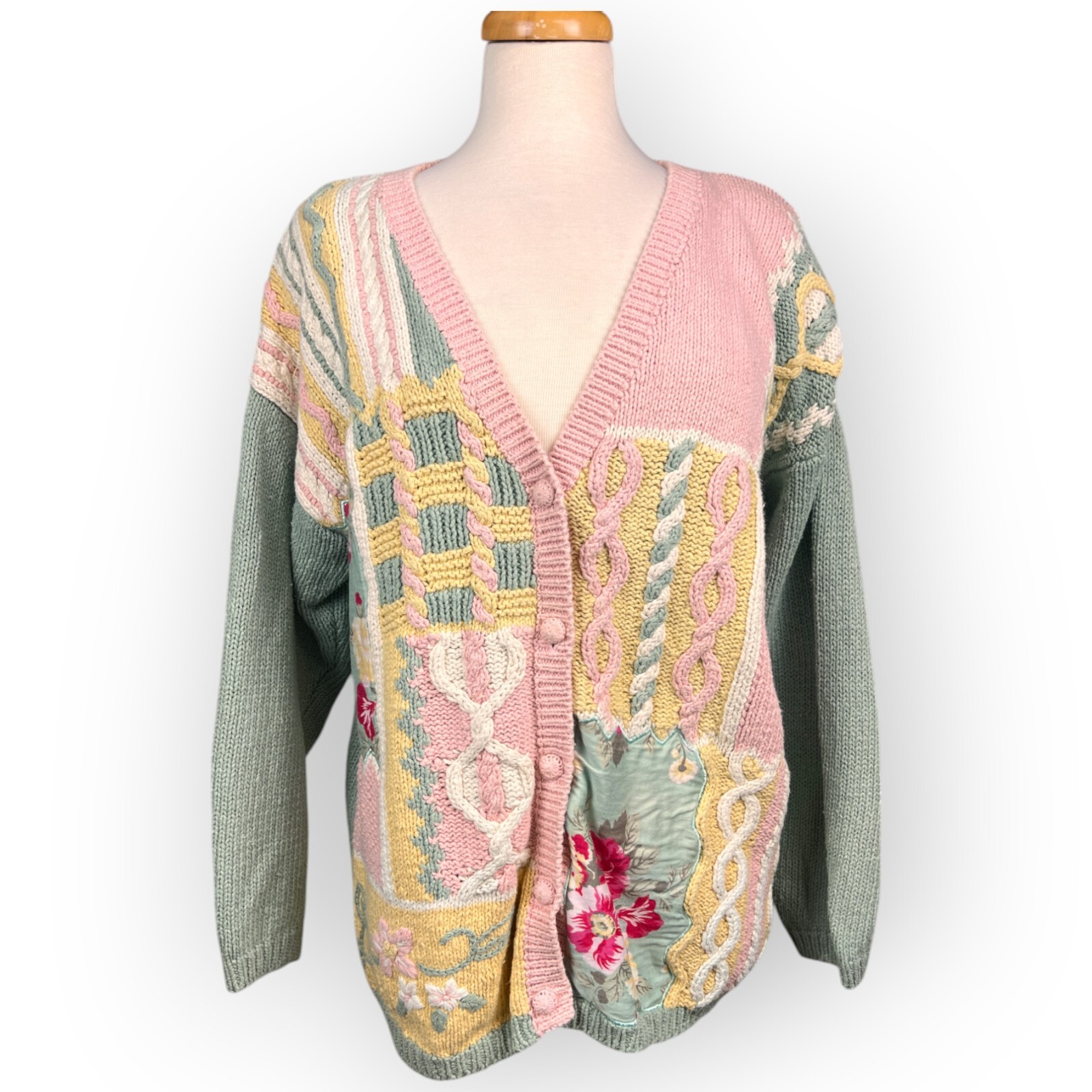 Cervelle Women Patchwork Sweater Cable Knit Large Embroidered Grannycore Vintage