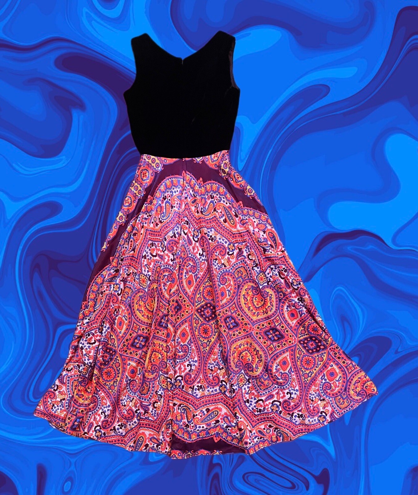 True Vintage 70s Maxi Dress Black Velvet Psychedelic Paisley Groovy XS Handmade