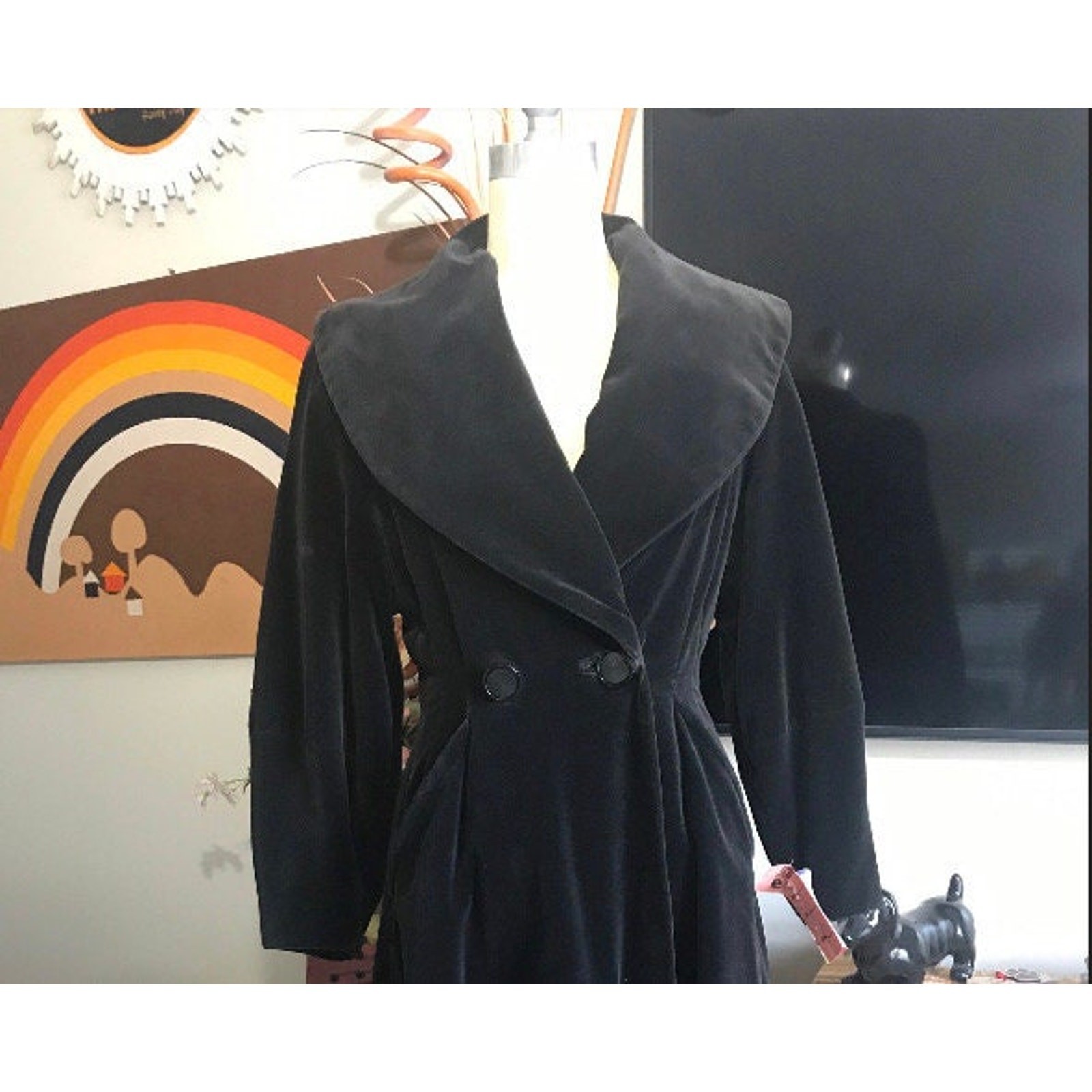 Vintage 1940s Black Cotton Velvet Coat Satiny Acetate Lining Pleated Back