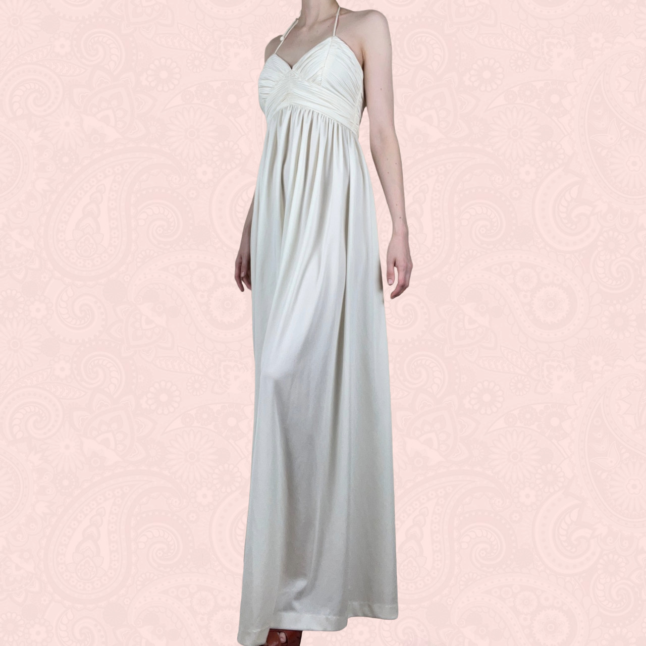Vintage 70s Joy Stevens White Cream Strappy Halter Empire Waist Maxi Dress XS