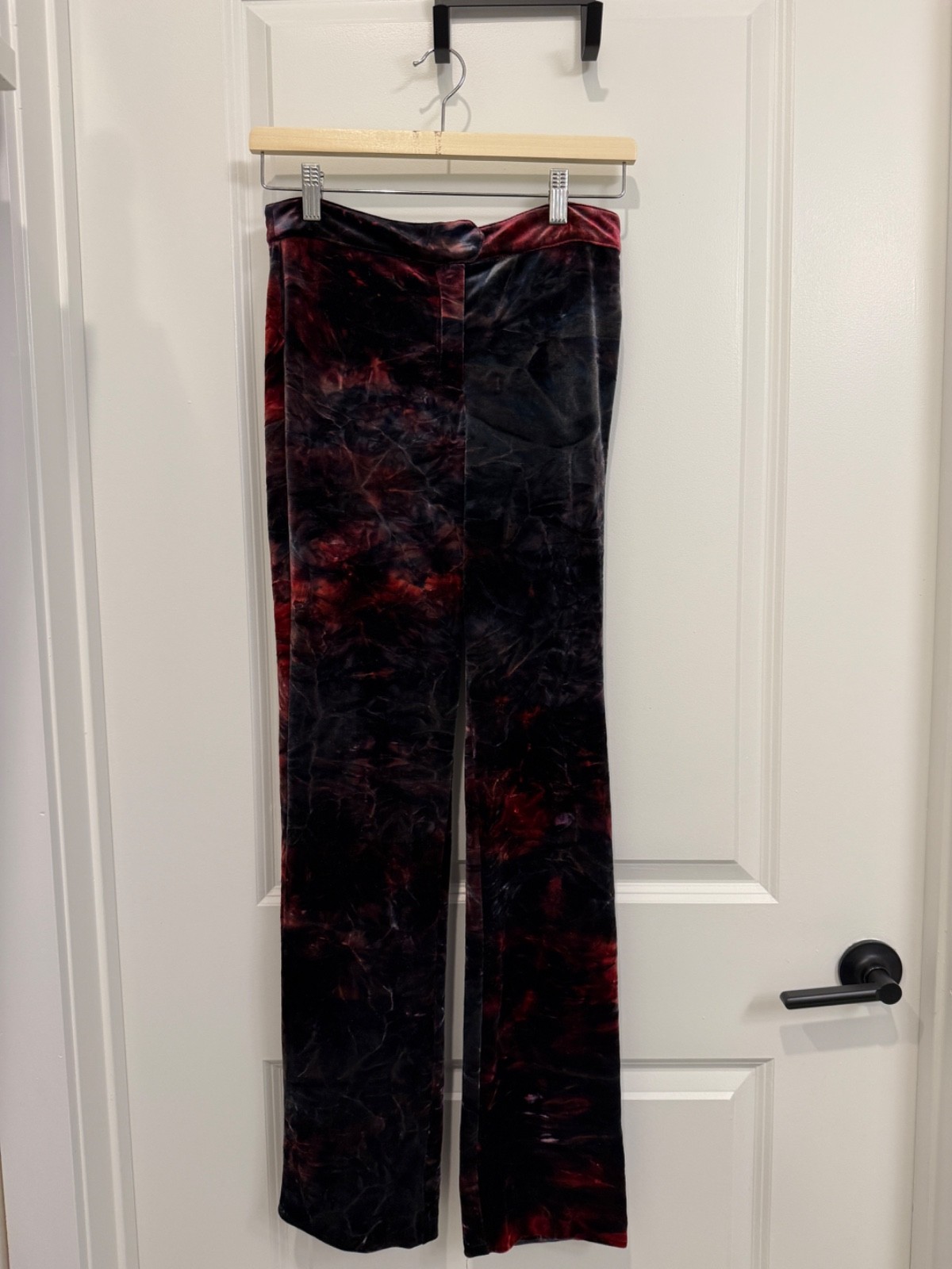 Vtg 90s Betsey Johnson Black Label Crushed Velvet Pants S Flare Red Tie Dye Goth