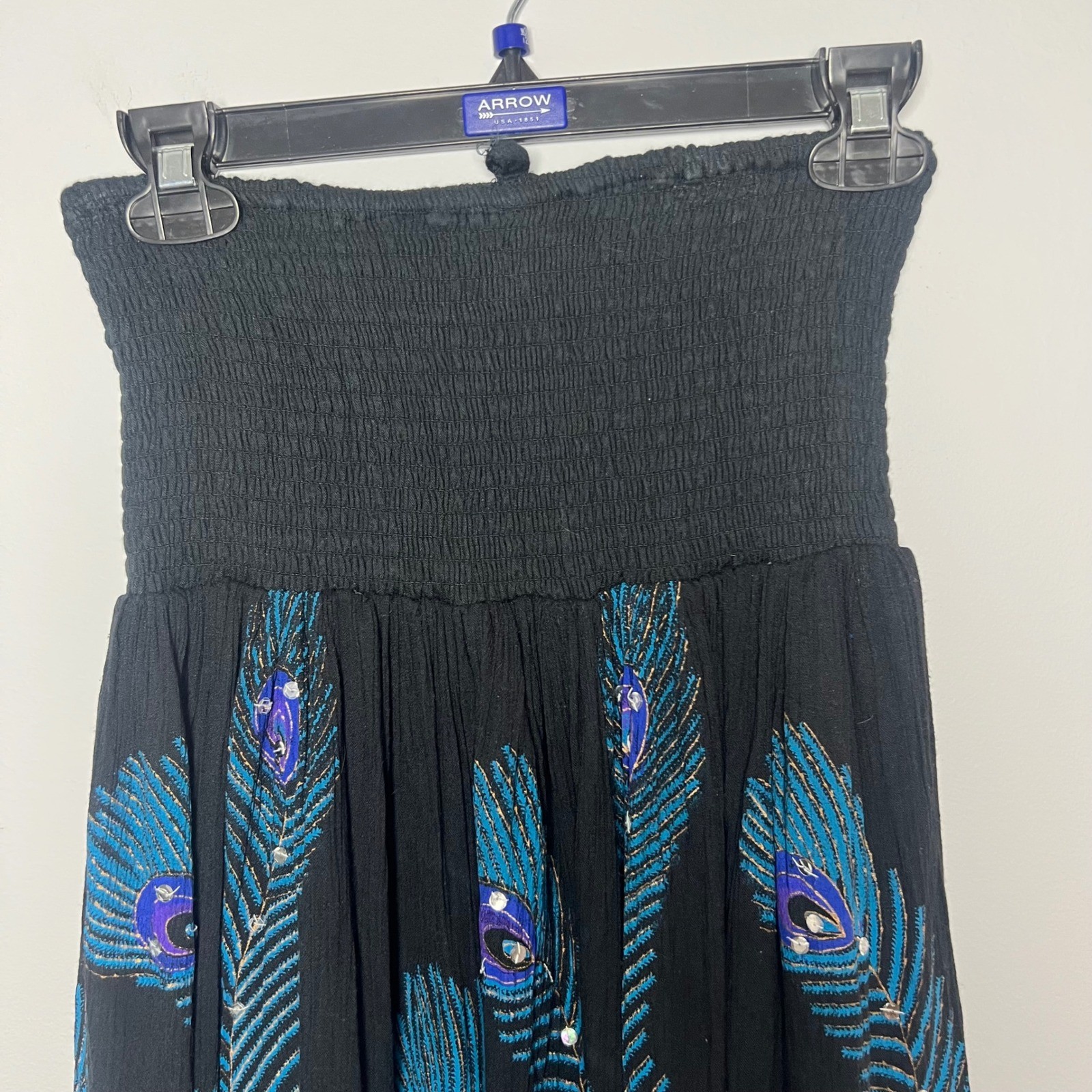 Womens Large Black Peacock Feather Smocked Strapless Sequin Mini Dress Y2K 90’s