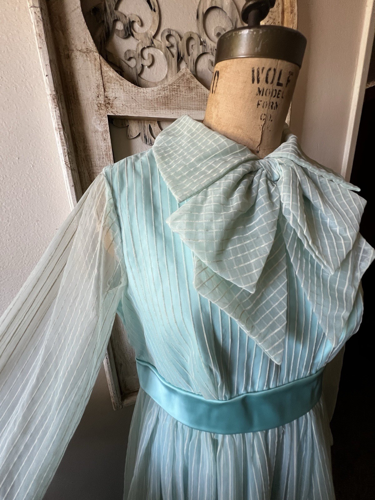 1960s-1970s Chiffon Maxi Dress Collared Long Sleeve Bow Front Handmade