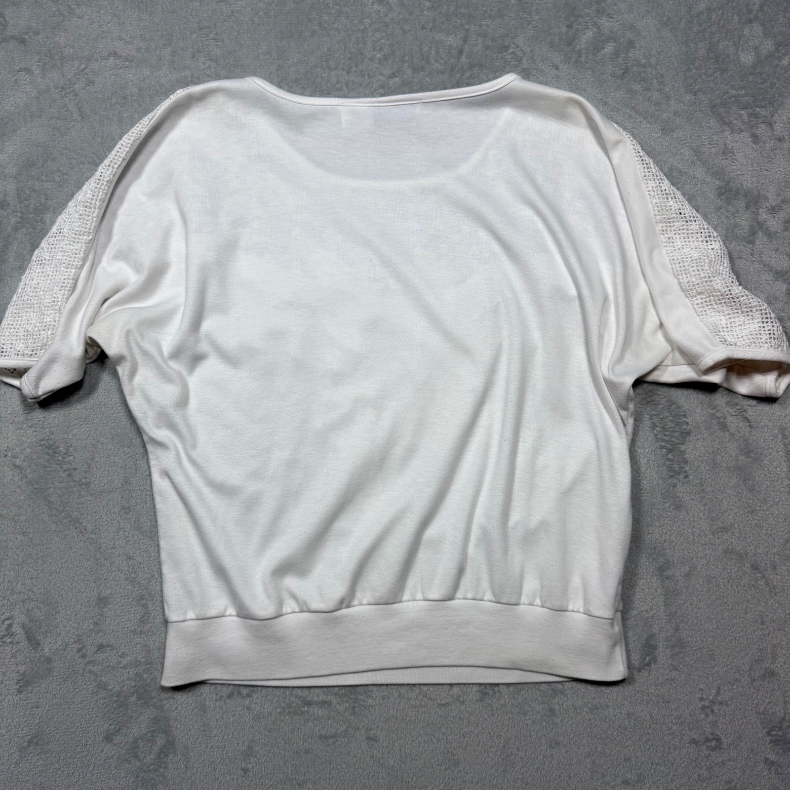 Vintage 80s White Cotton Blend Floral Applique Crochet Knit Dolman Top Size M
