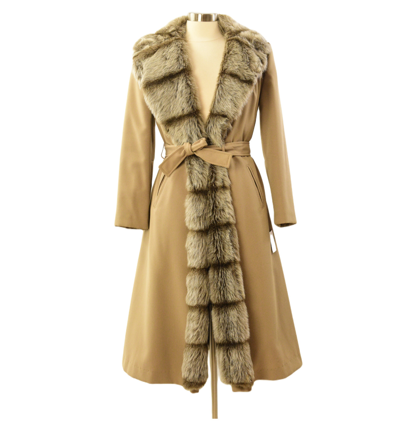 70s Vintage Camel Twill Wrap Coat Womens M 8 Faux Fur Collar Belted Long Winter