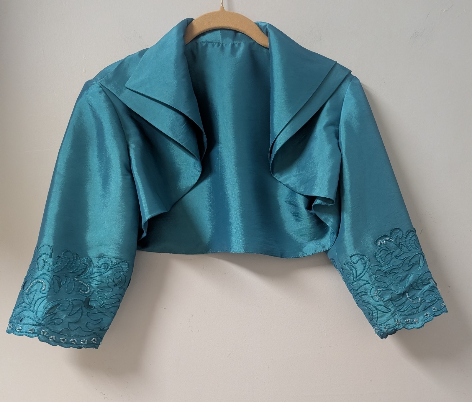 Vintage Teal Bolero Shrug Cropped Jacket Embroidered Beads Double Shawl Collar S