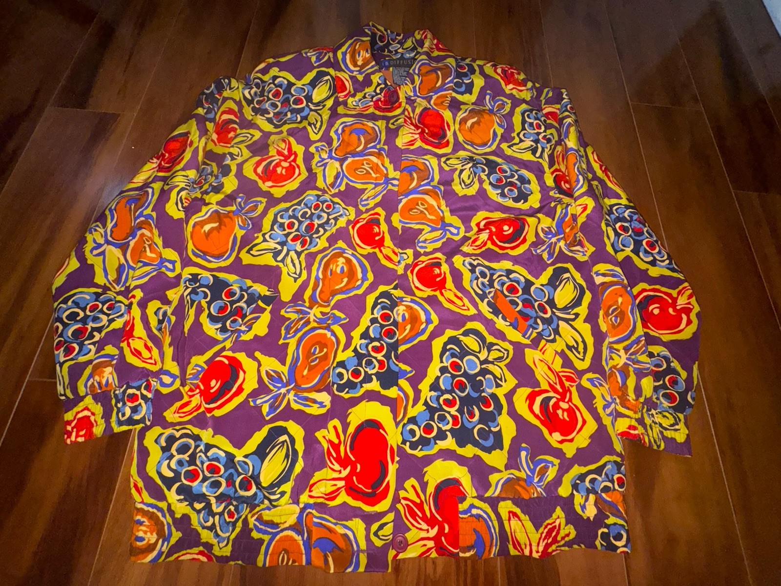 Vintage I.B. Diffusion Silk Fruit Print Jacket Womens 14 90s Shoulder Pad