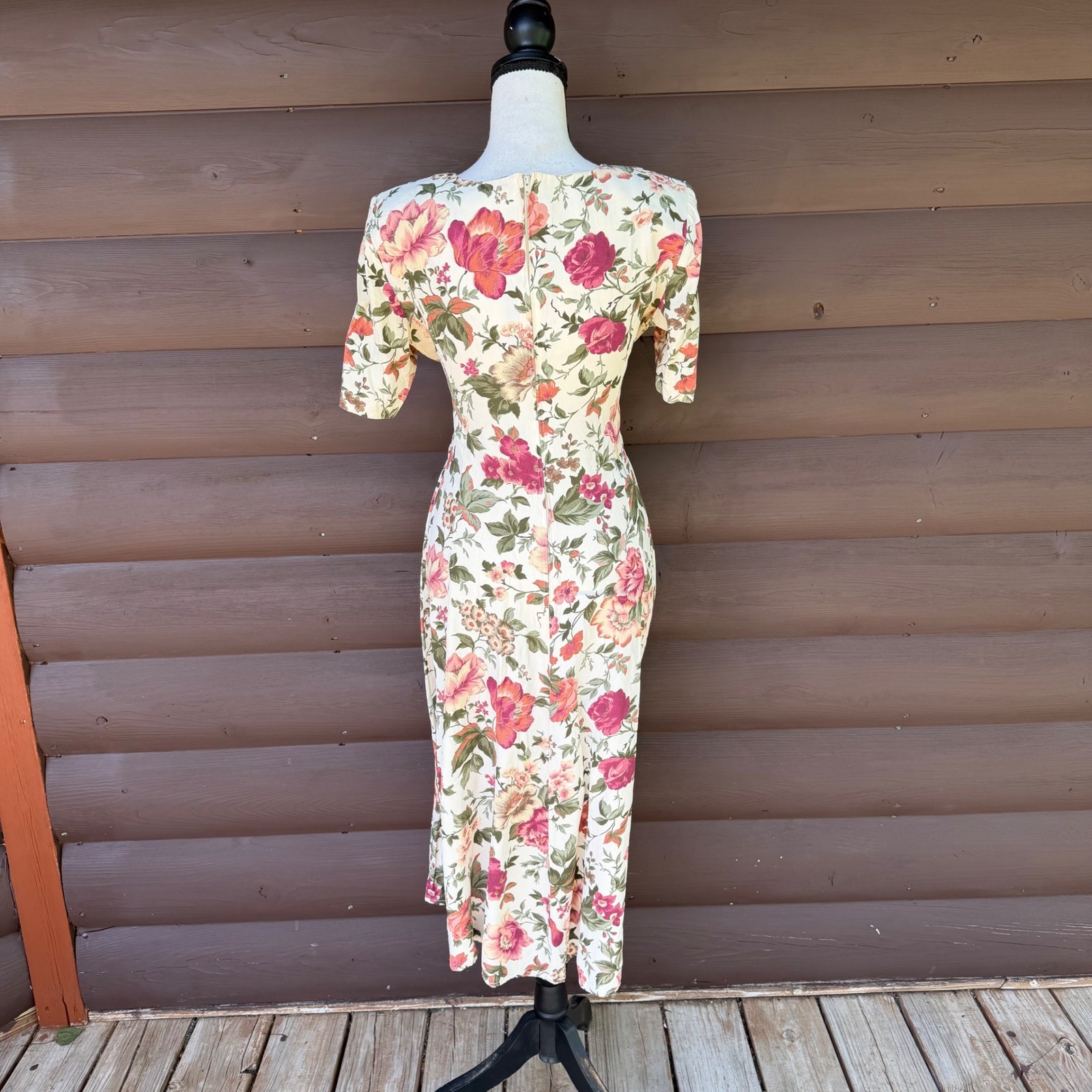 Vtg Paris Sport Club Floral Midi Dress Womens 7/8 Cream Pink 90s Lace Up Waist