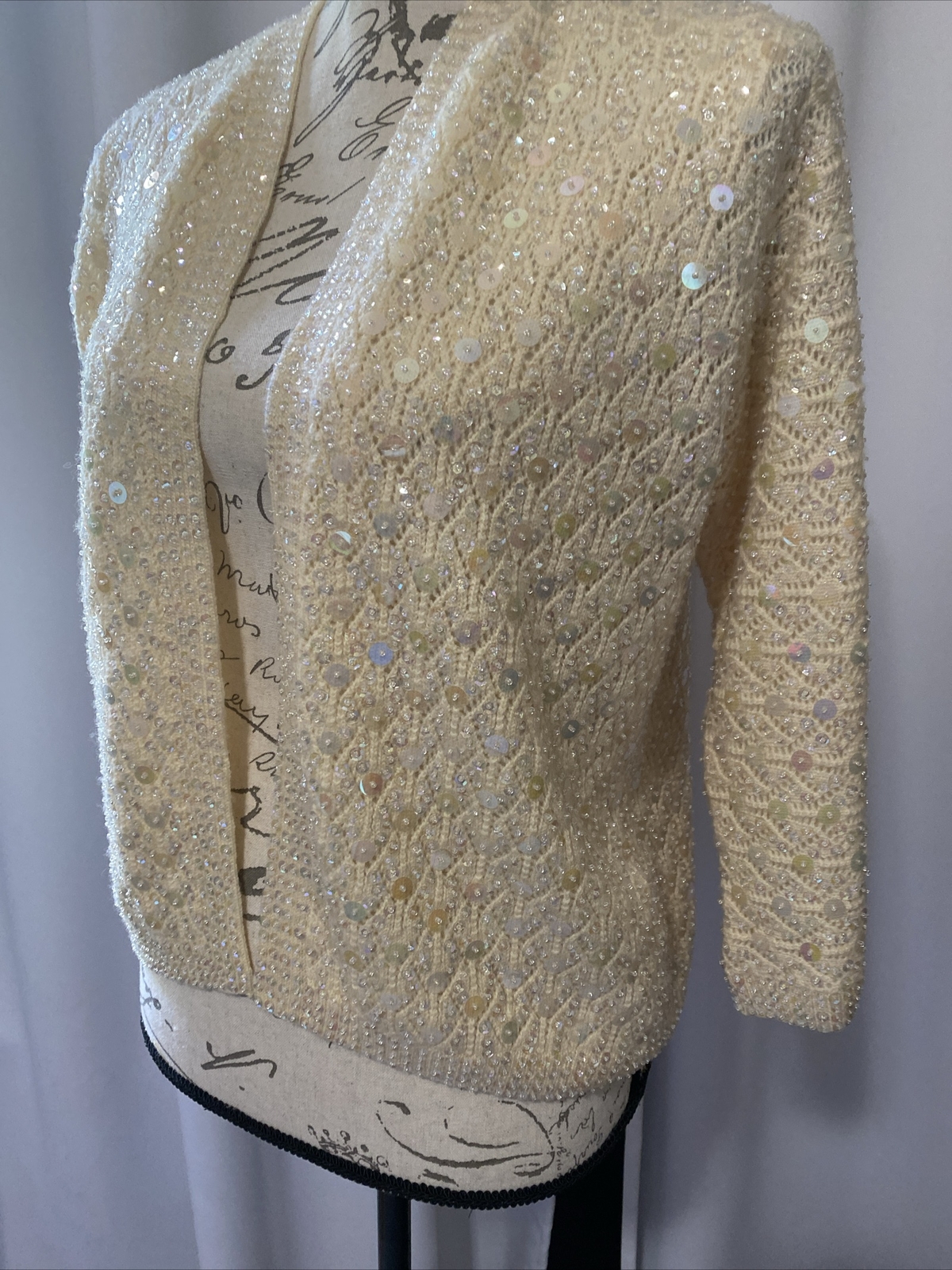 Vintage Jeri-Jo New York Sequin Cardigan Sweater Jacket 100% Wool Size 38 Ivory