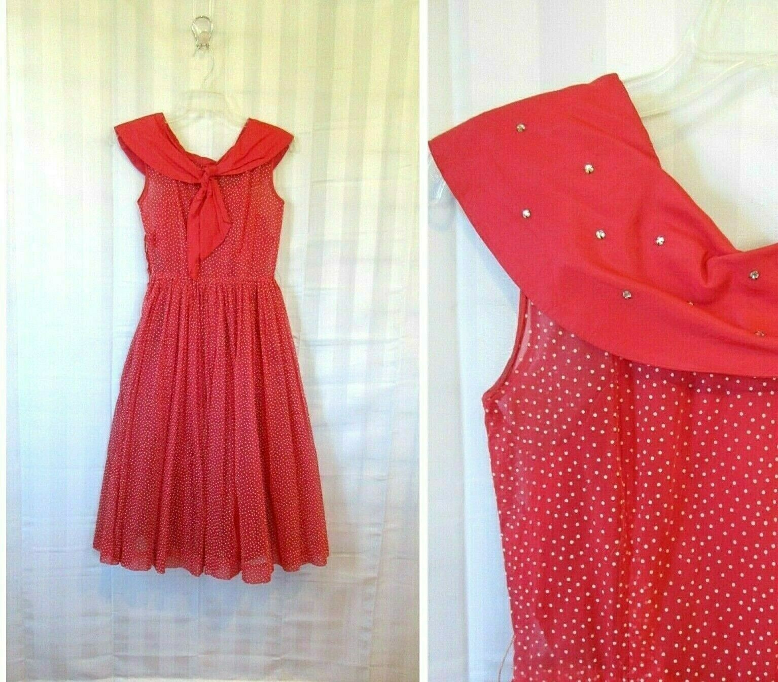Vintage 1950s Sheer Dress Red White Swiss Dots Sailor Look Rhinestones 32 XS S
