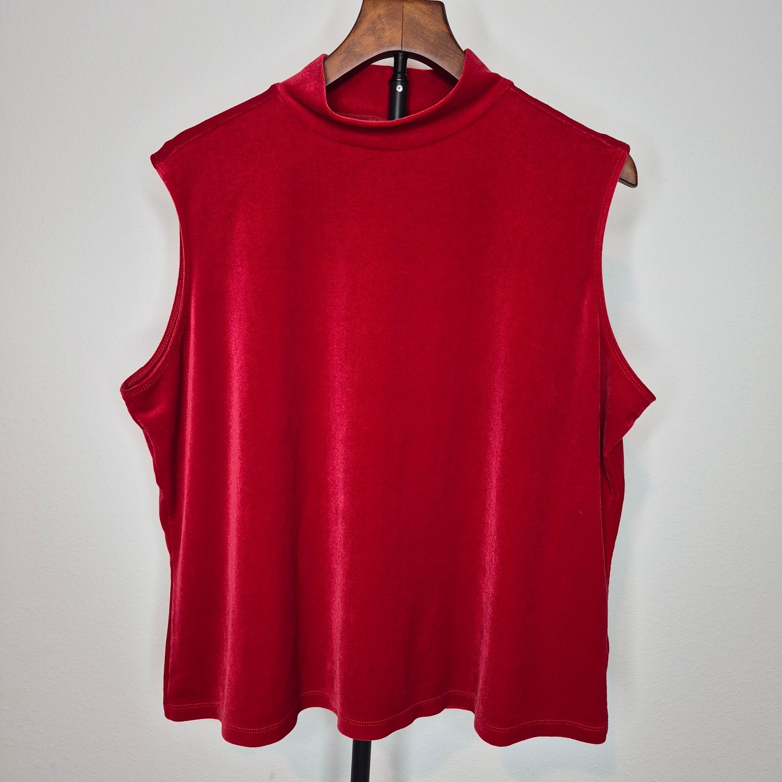 Vintage 90s Red Velvet Sleeveless Mock Neck Top XL Party Maximalism Dopamine