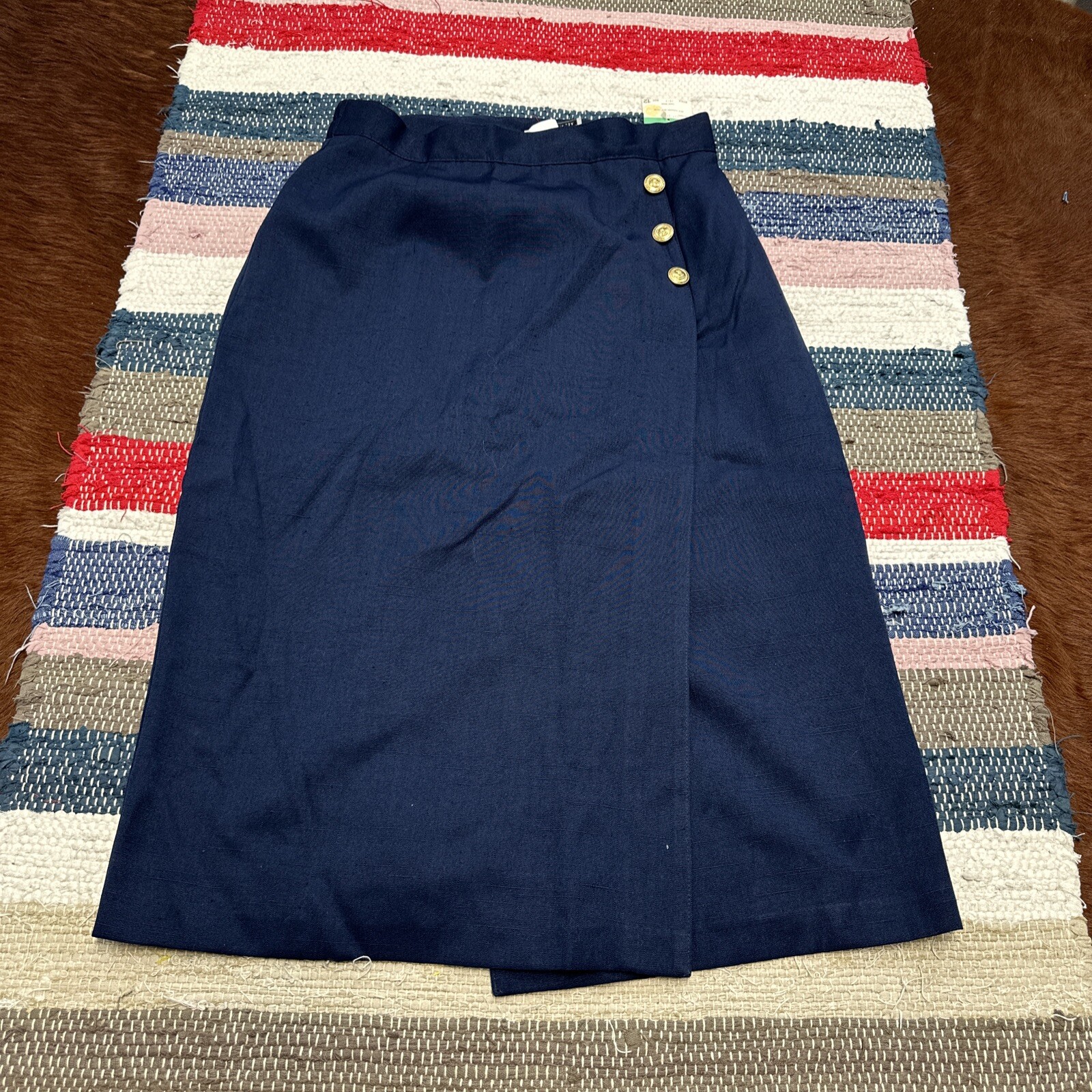 NEW NOS Vintage Katie Brooke Navy Blue Pencil Skirt Gold Buttons 28×28″ 1980s