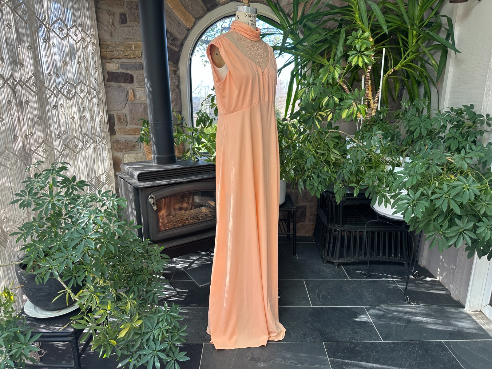 Vintage 1970s Peach Knit and Lace Formal Maxi Dress