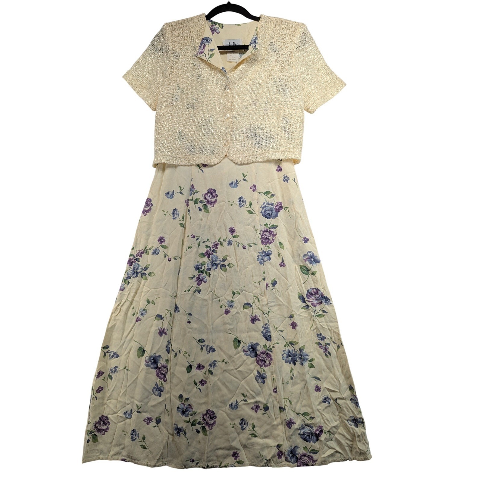 Vintage Los Angeles Gal Floral Maxi Dress & Cropped Jacket Set Cream Purple Sz 8